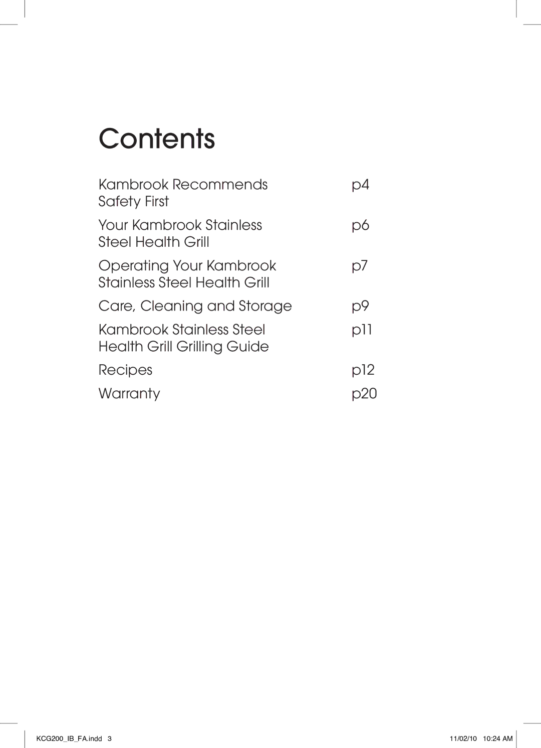 Kambrook KCG200 manual Contents 