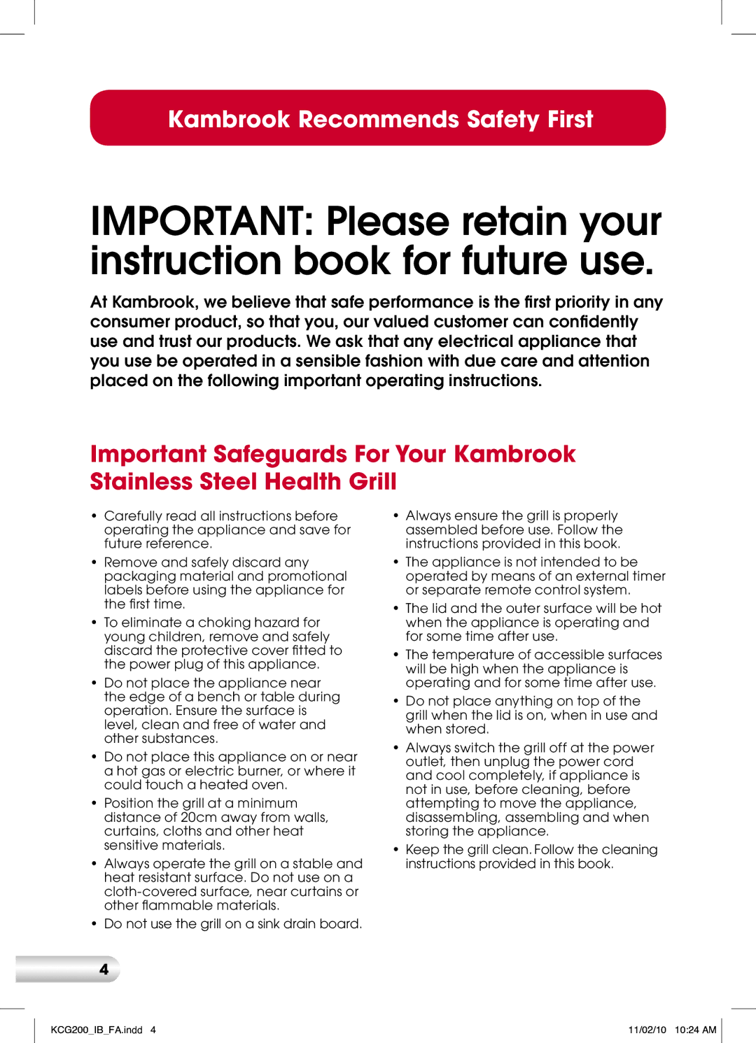 Kambrook KCG200 manual Important Please retain your instruction book for future use 