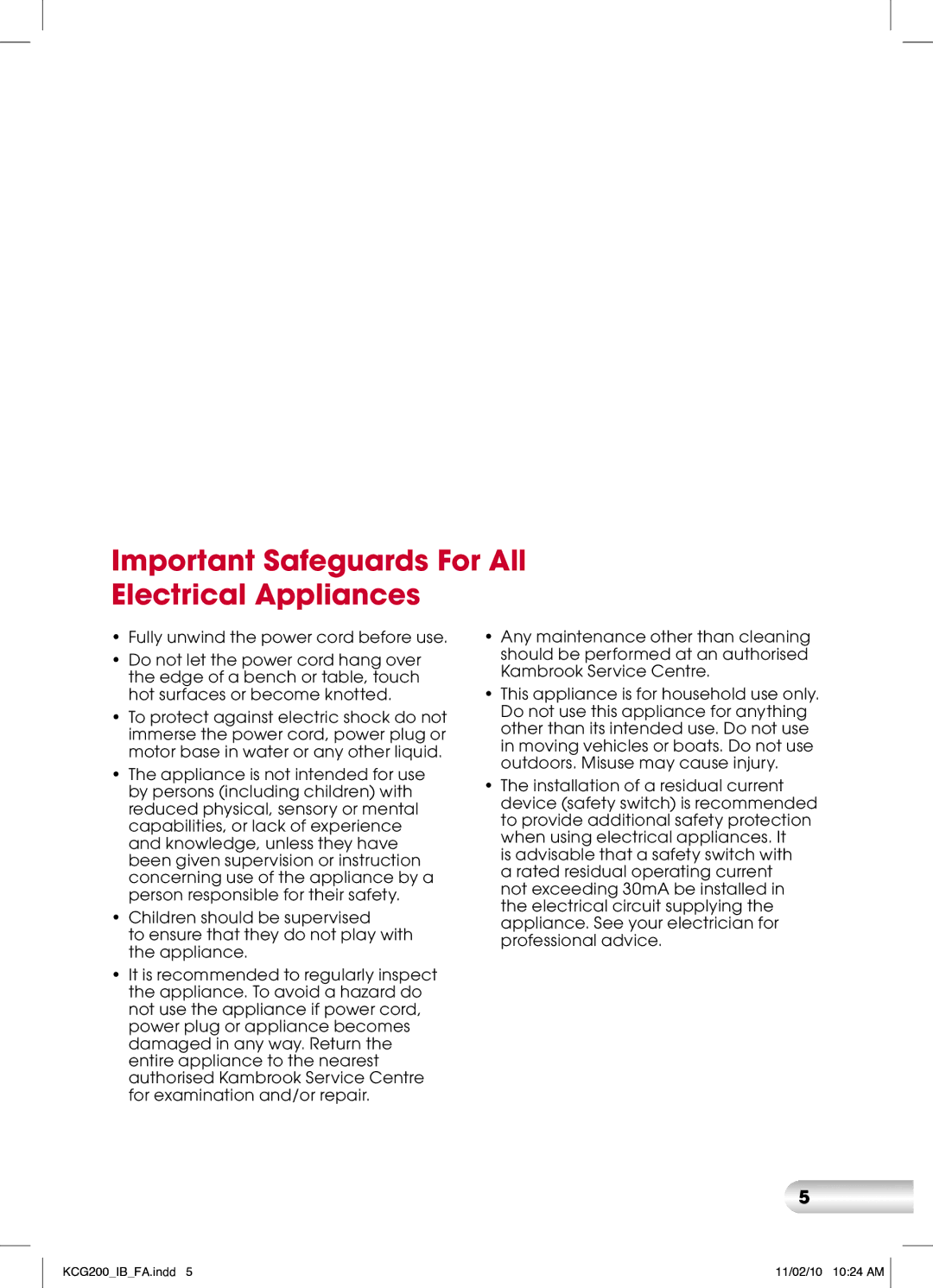 Kambrook KCG200 manual Important Safeguards For All Electrical Appliances 