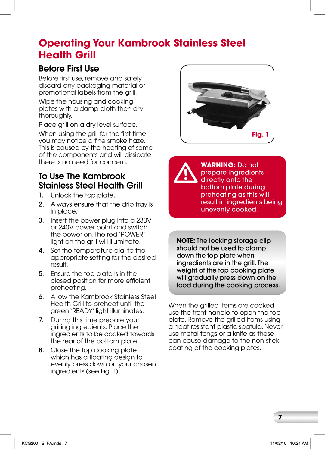 Kambrook KCG200 manual Operating Your Kambrook Stainless Steel Health Grill, Before First Use 