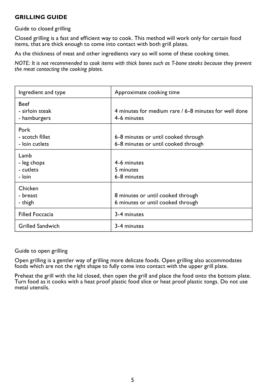 Kambrook KCG50 manual Grilling Guide 