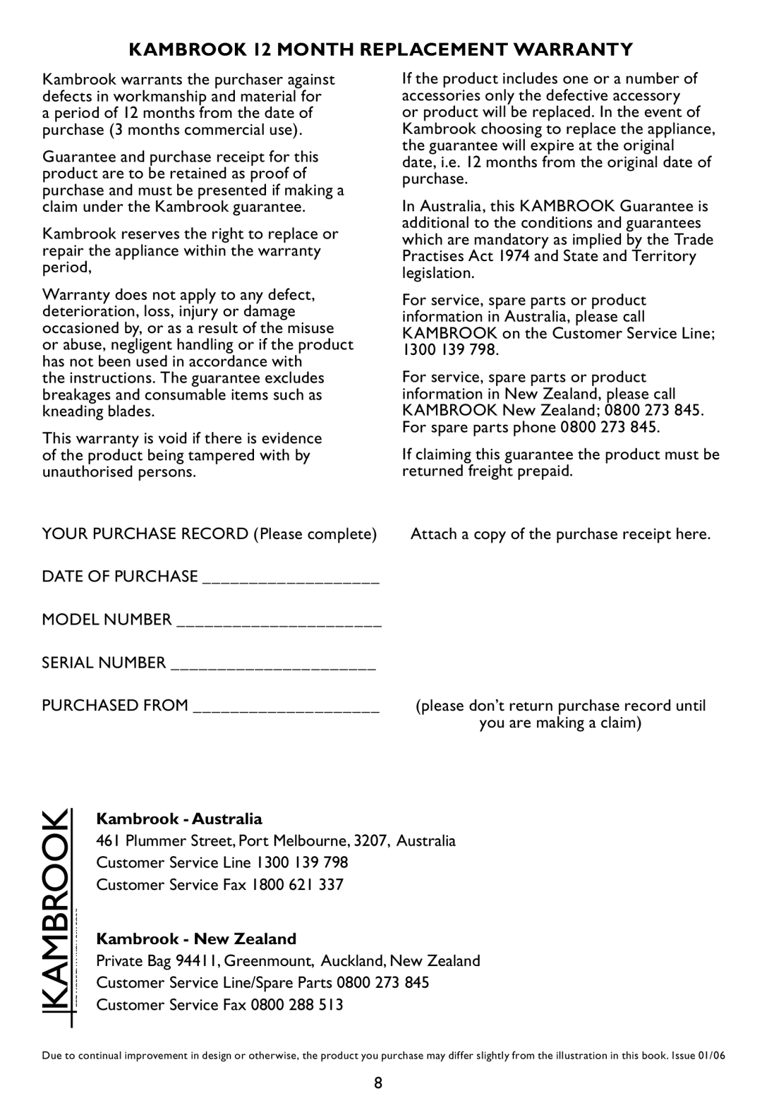 Kambrook KCG50 manual Kambrook 12 Month Replacement Warranty, Kambrook Australia, Kambrook New Zealand 