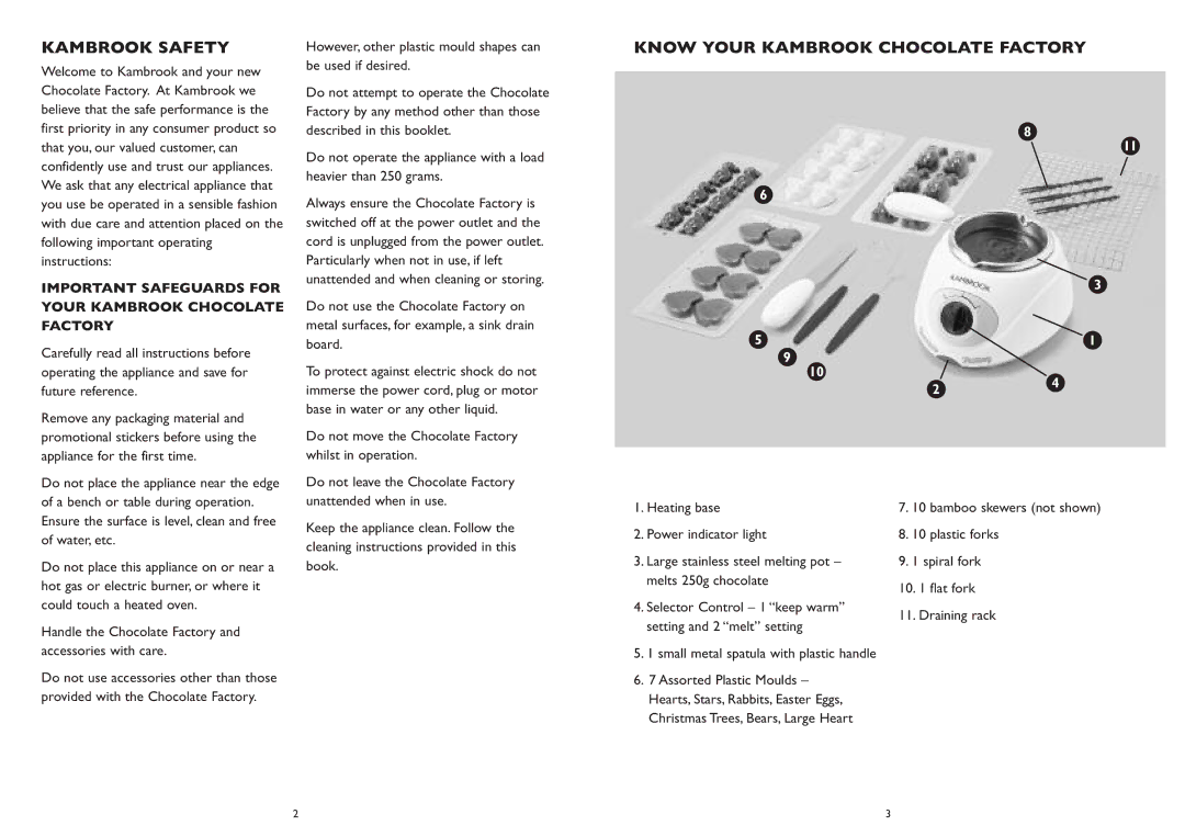 Kambrook KCM1 manual Know Your Kambrook Chocolate Factory, Important Safeguards for Your Kambrook Chocolate Factory 