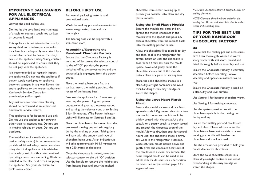 Kambrook KCM1 Important Safeguards for ALL Electrical Appliances, Tips for the Best USE of Your Kambrook Chocolate Factory 