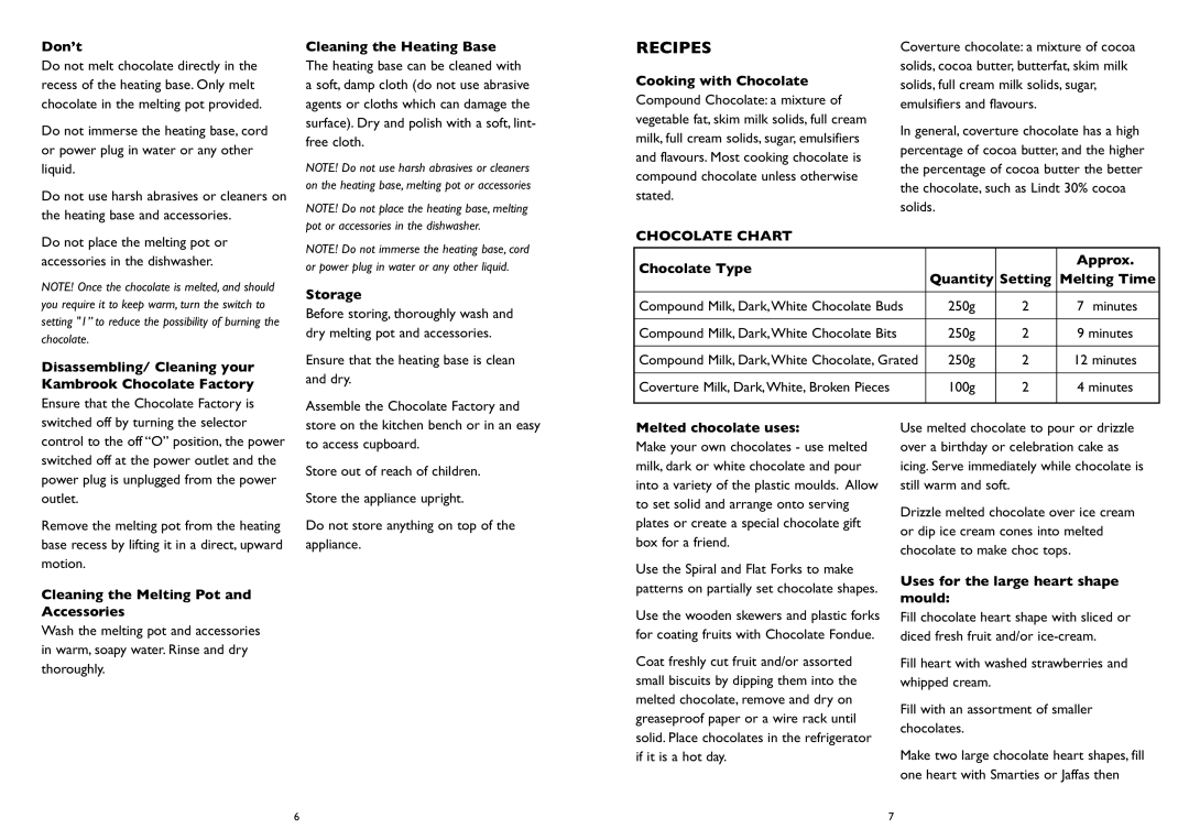 Kambrook KCM1 manual Recipes, Chocolate Chart 