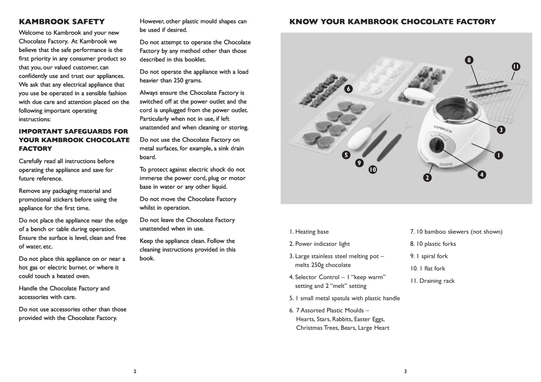 Kambrook KCM1 manual Know Your Kambrook Chocolate Factory, Important Safeguards For Your Kambrook Chocolate Factory 