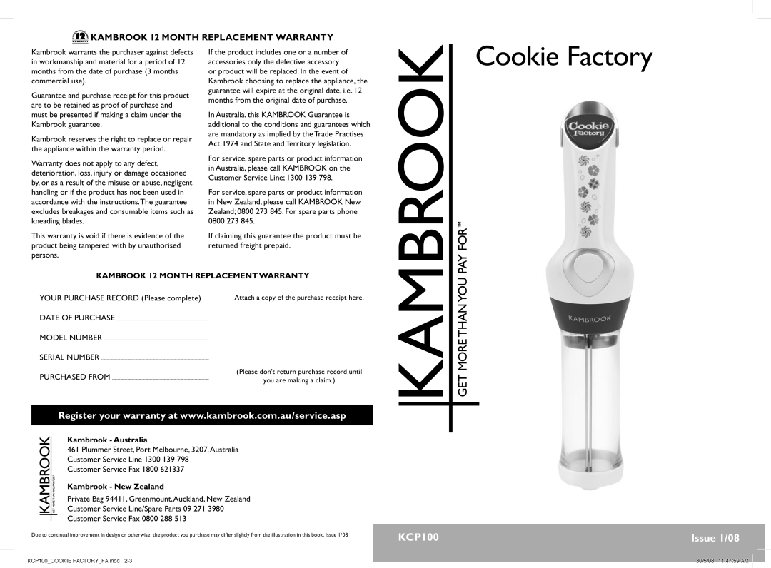 Kambrook KCP100 warranty Kambrook 12 Month Replacement Warranty, Your Purchase Record Please complete, Kambrook Australia 