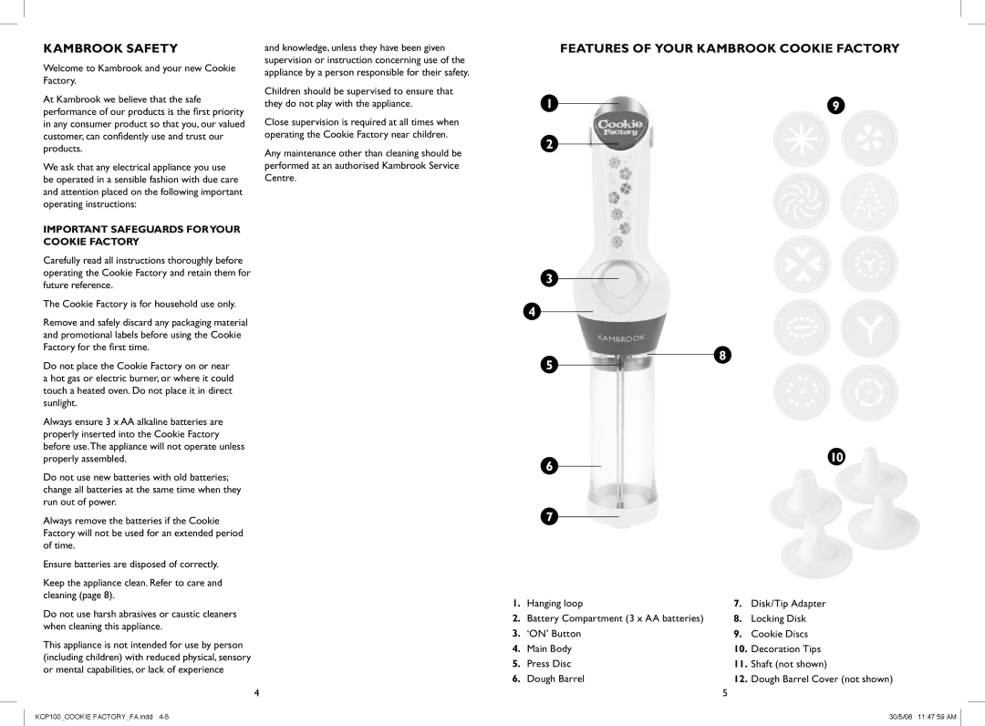 Kambrook KCP100 Kambrook Safety, Features of Your Kambrook Cookie Factory, Welcome to Kambrook and your new Cookie Factory 