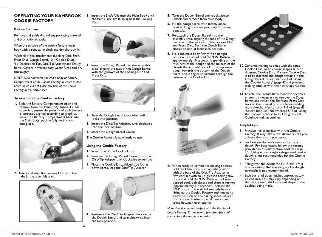 Kambrook KCP100 Operating Your Kambrook Cookie Factory, Before first use, To assemble the Cookie Factory, Helpful tips 