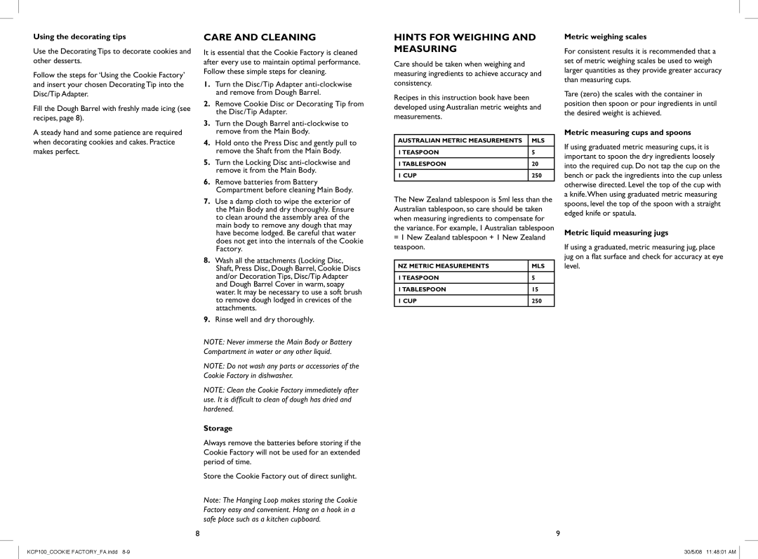 Kambrook KCP100 warranty Care and cleaning, Hints for Weighing and Measuring 