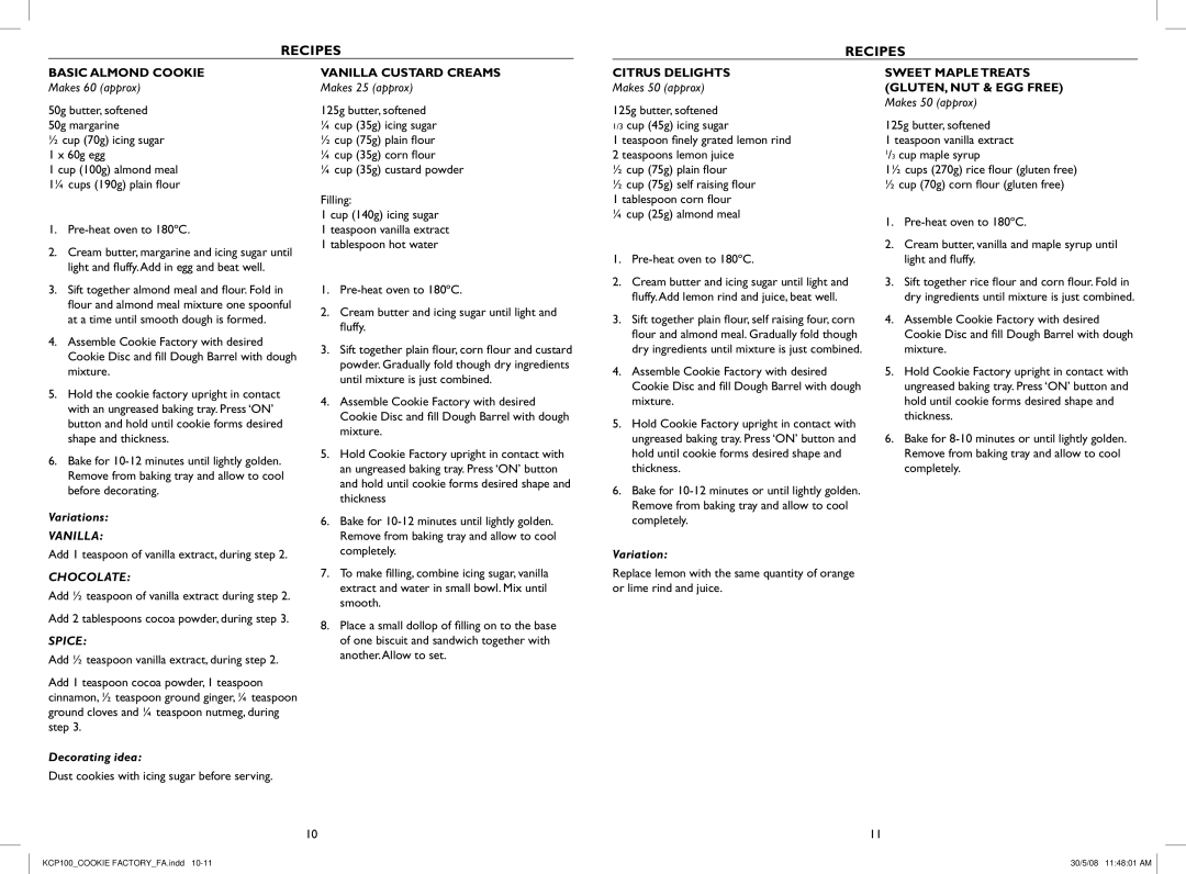 Kambrook KCP100 warranty Recipes, Basic Almond Cookie, Vanilla Custard Creams, Citrus Delights 