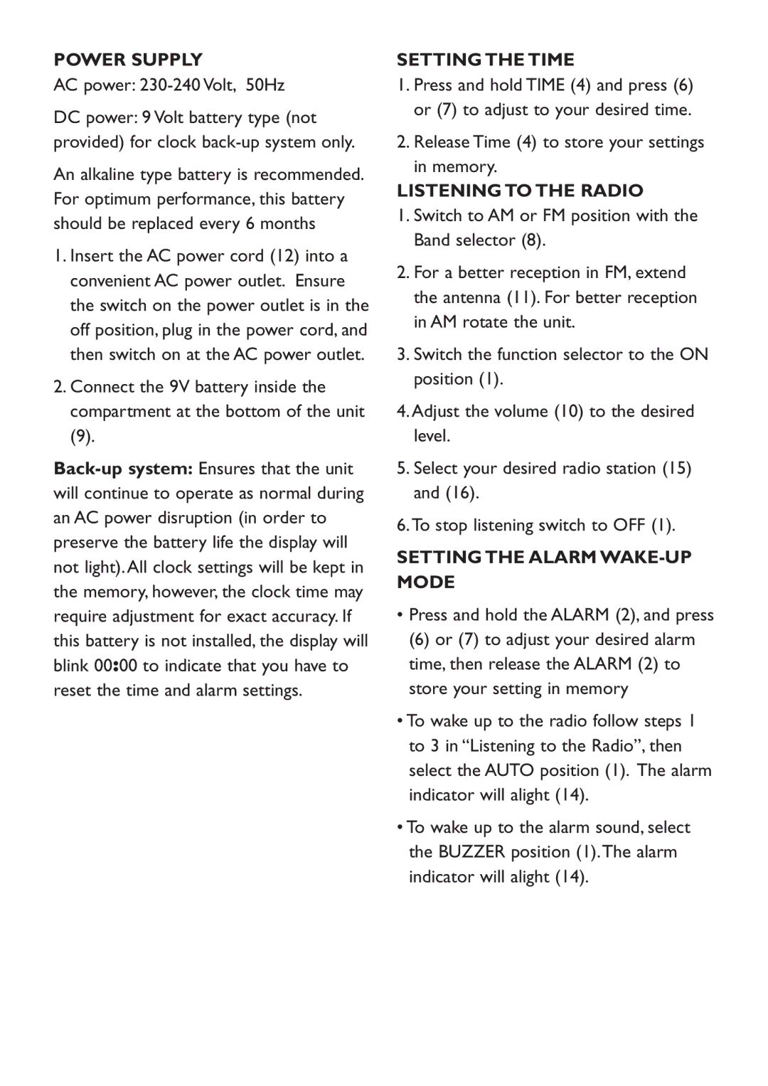 Kambrook KCR30 manual Power Supply, Setting the Time, Listening to the Radio, Setting the Alarm WAKE-UP Mode 