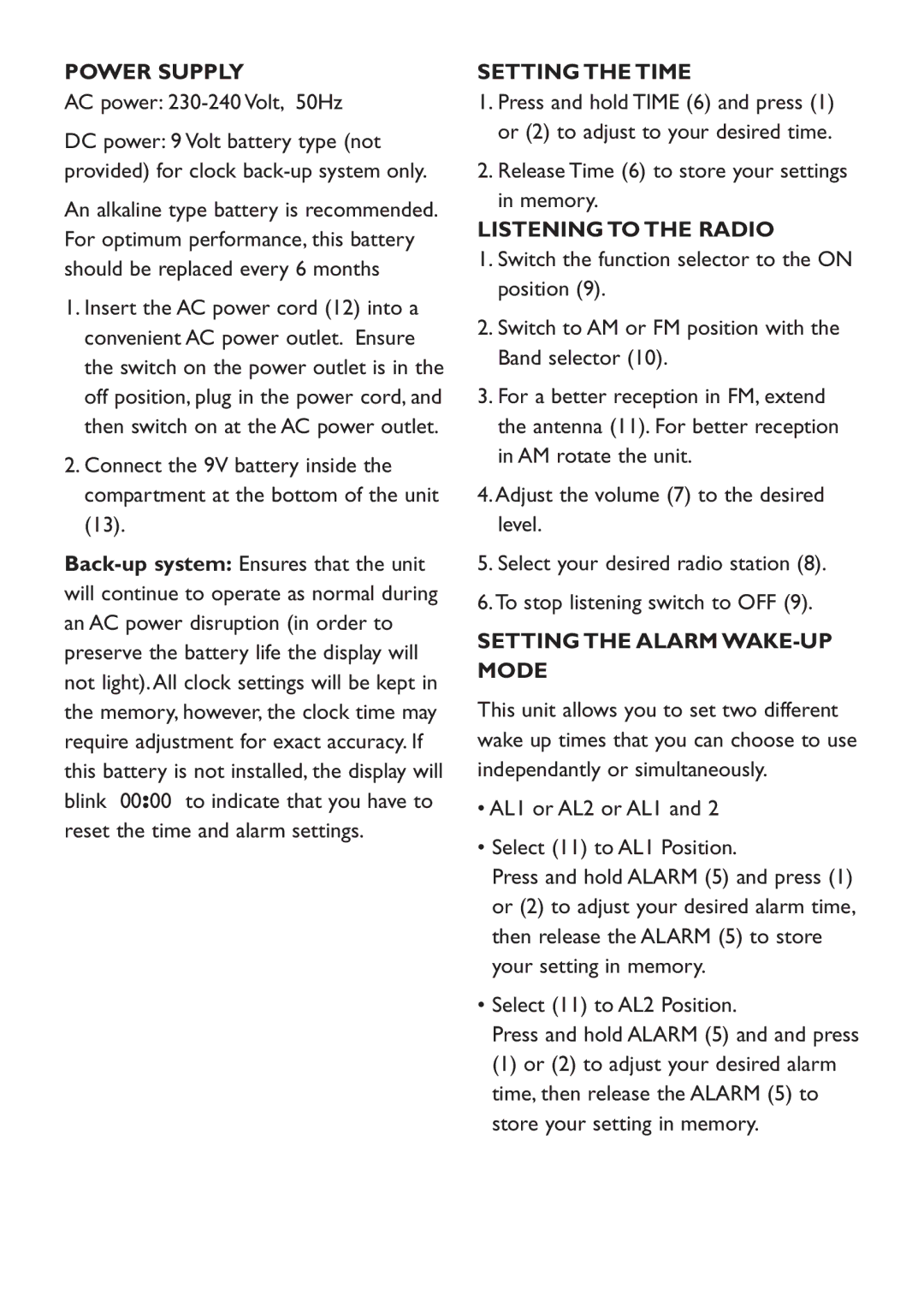 Kambrook KCR40 manual Power Supply, Setting the Time, Listening to the Radio, Setting the Alarm WAKE-UP Mode 