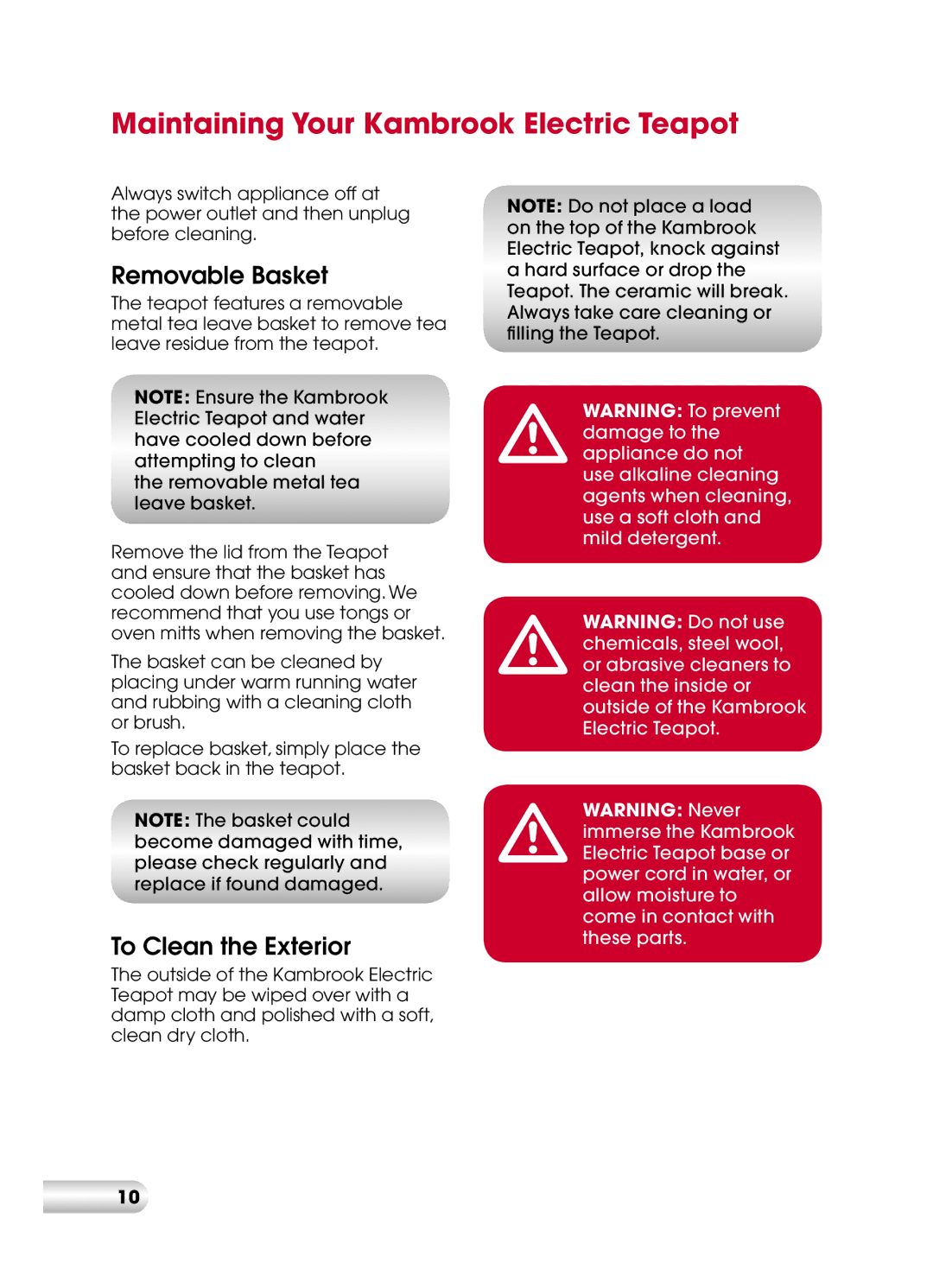 Kambrook KCT110 manual Maintaining Your Kambrook Electric Teapot, Removable Basket, To Clean the Exterior 