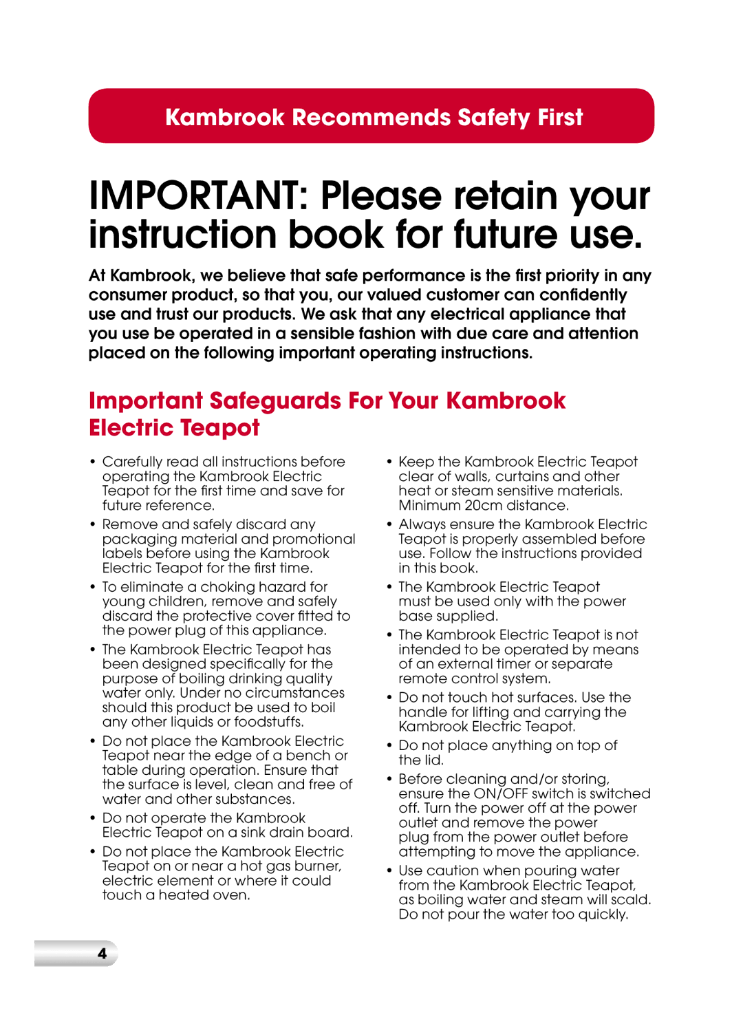 Kambrook KCT110 manual Important Safeguards For Your Kambrook Electric Teapot 