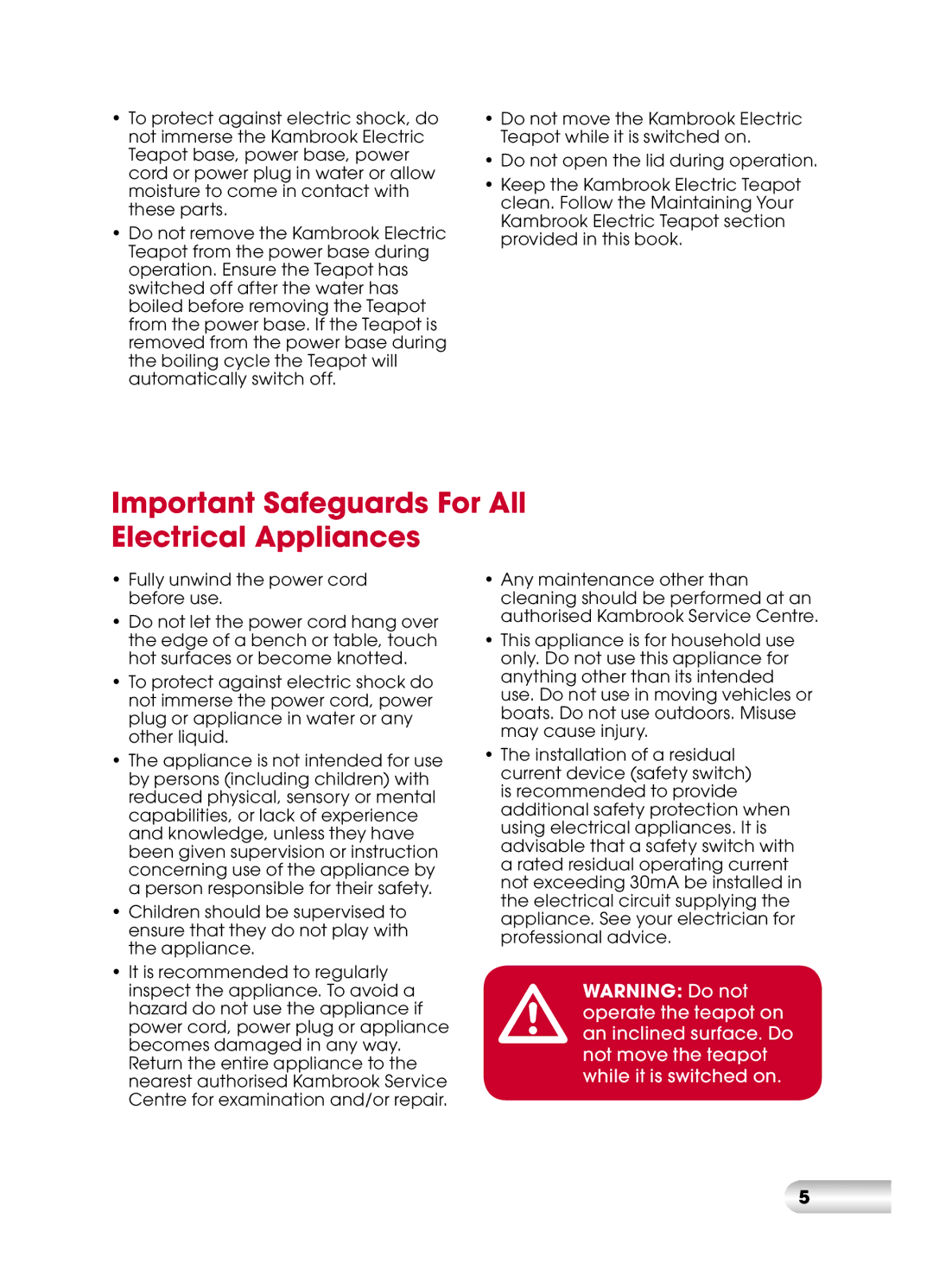 Kambrook KCT110 manual Important Safeguards For All Electrical Appliances 