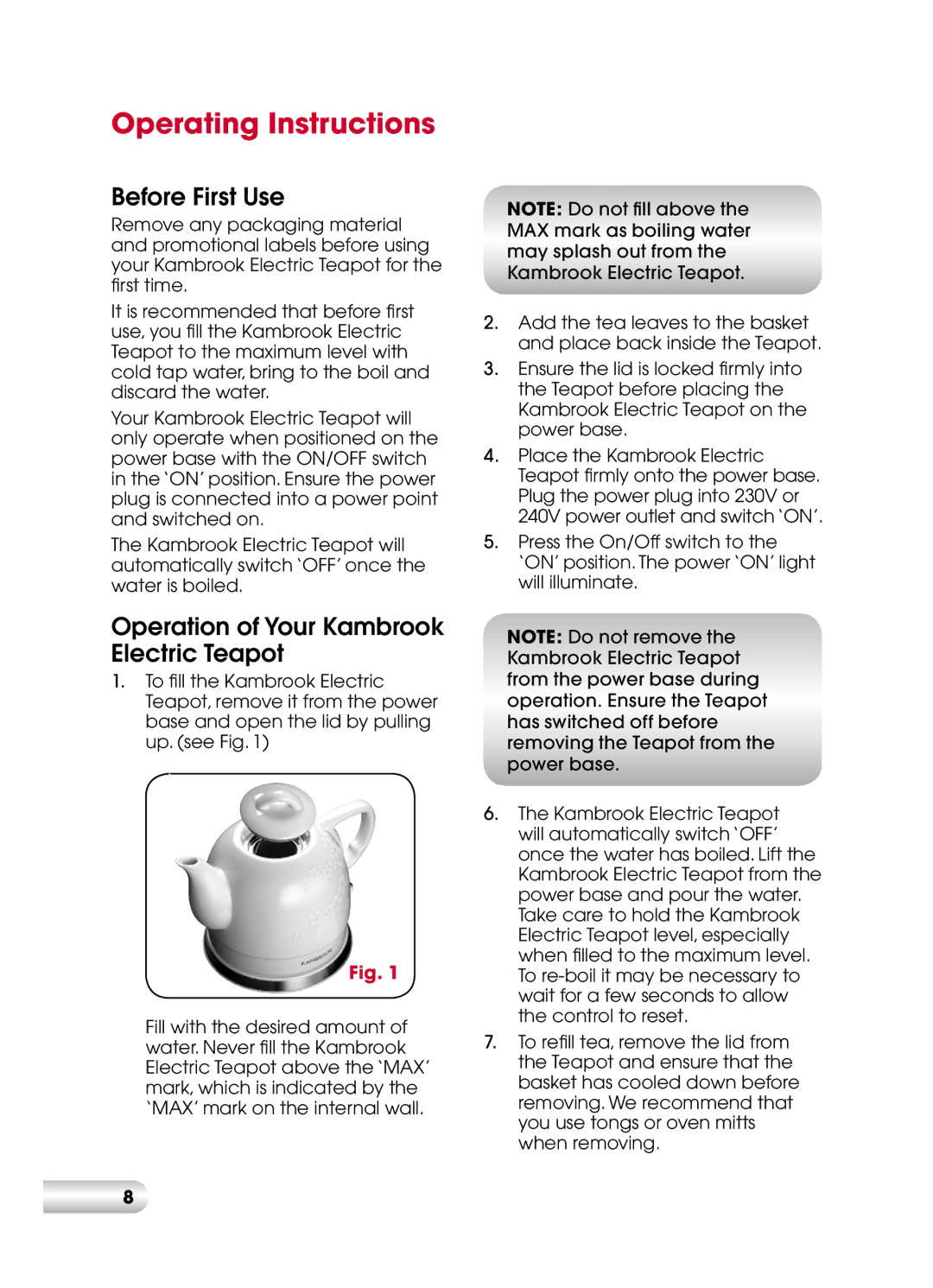 Kambrook KCT110 manual Operating Instructions, Before First Use, Operation of Your Kambrook Electric Teapot 