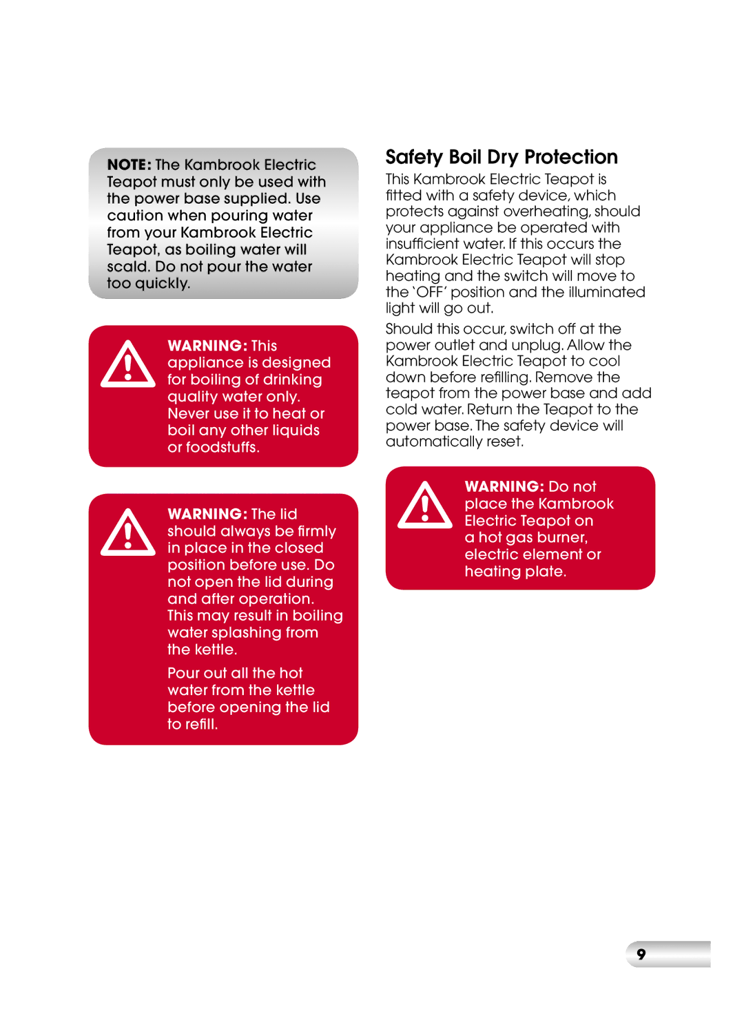 Kambrook KCT110 manual Safety Boil Dry Protection 