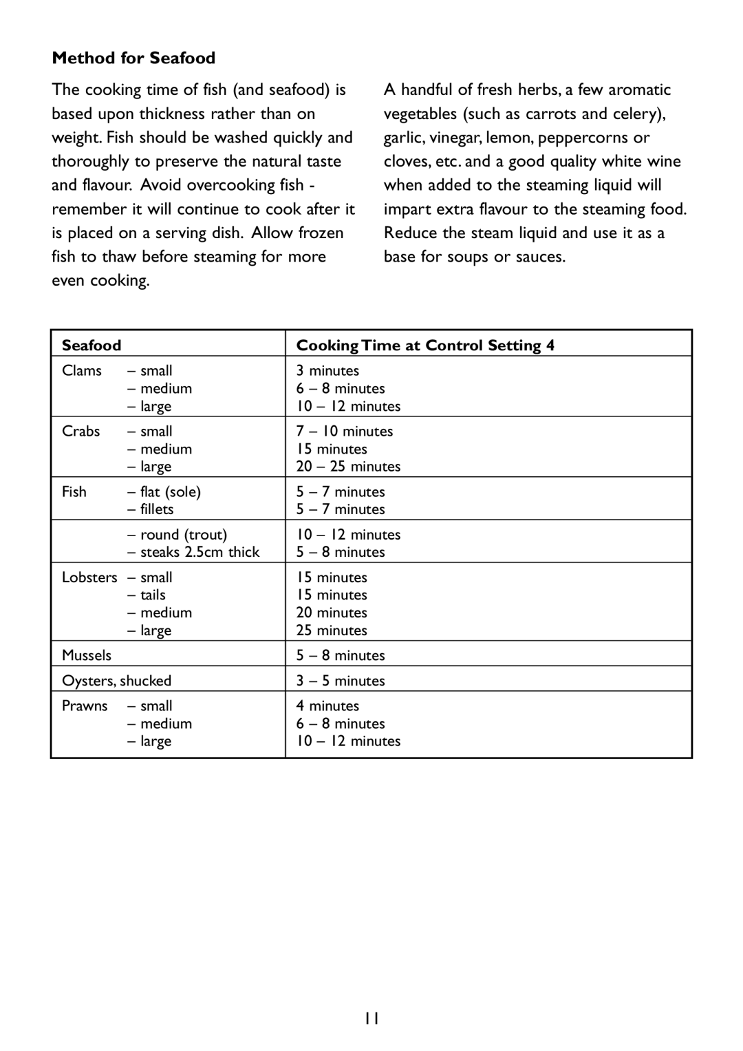 Kambrook KD66B manual Method for Seafood, Seafood Cooking Time at Control Setting 