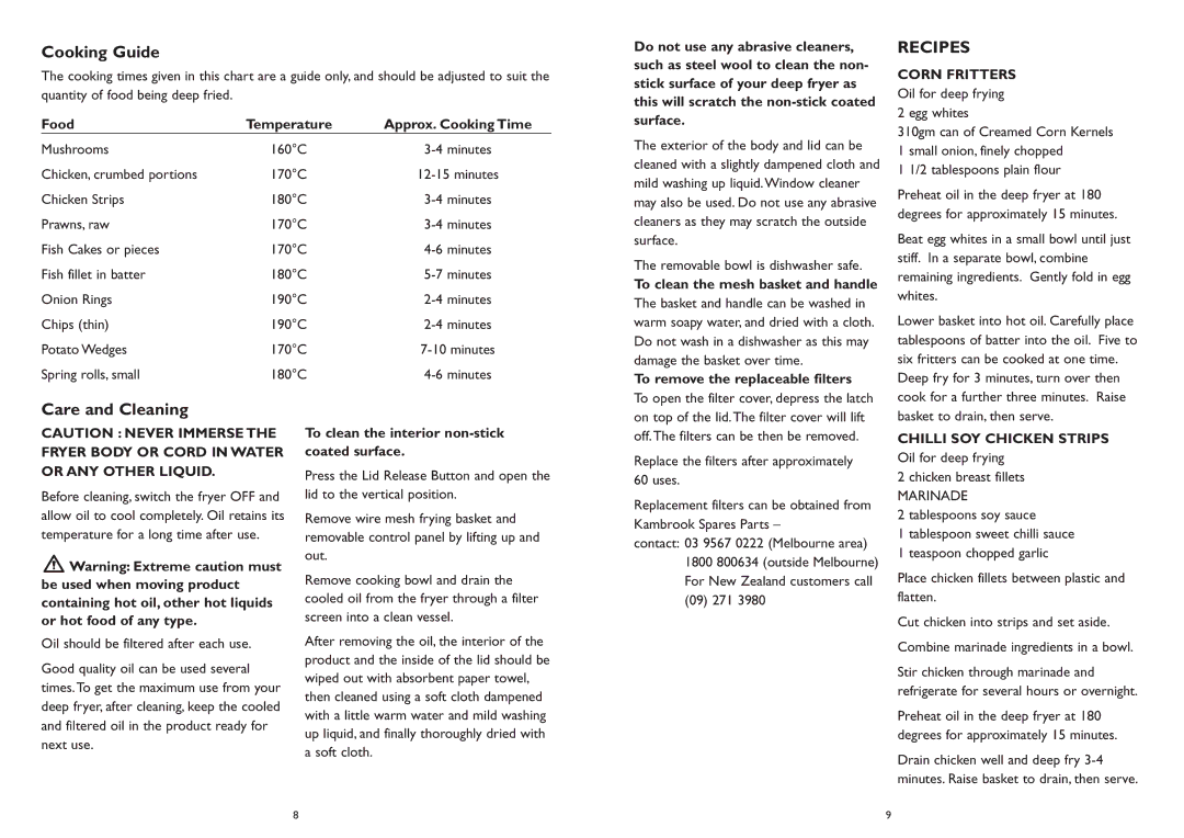 Kambrook KDF250 manual Cooking Guide, Care and Cleaning, Corn Fritters, Chilli SOY Chicken Strips 