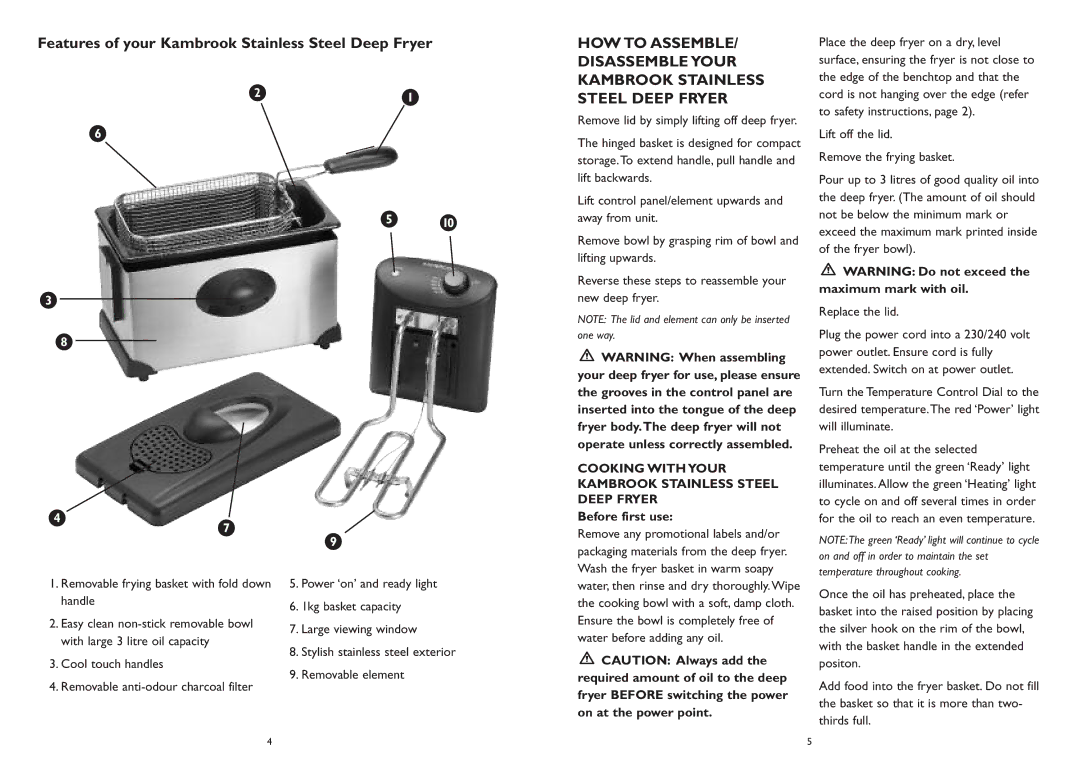 Kambrook KDF450 manual Features of your Kambrook Stainless Steel Deep Fryer, Before first use 