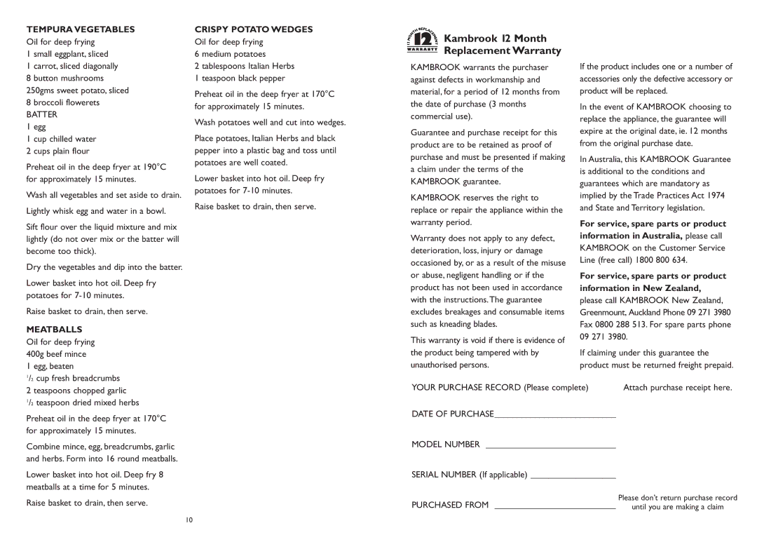 Kambrook KDF450 manual Tempura Vegetables, Crispy Potato Wedges, Kambrook 12 Month Replacement Warranty 