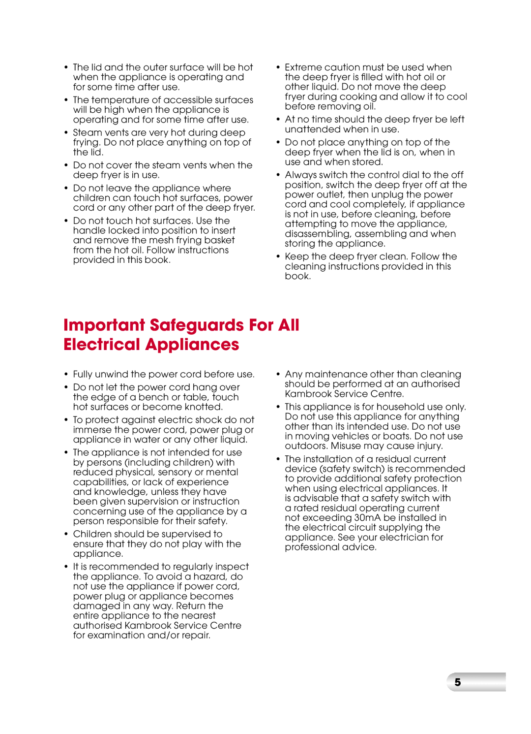 Kambrook KDF560, KDF460 manual Important Safeguards For All Electrical Appliances 