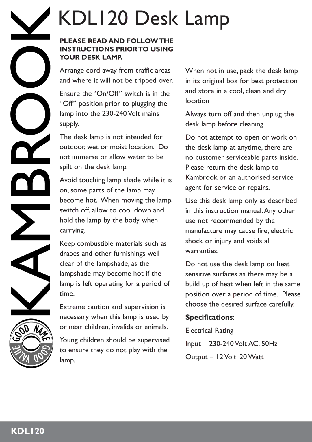 Kambrook KDL120B instruction manual KDL120 Desk Lamp, Lav 