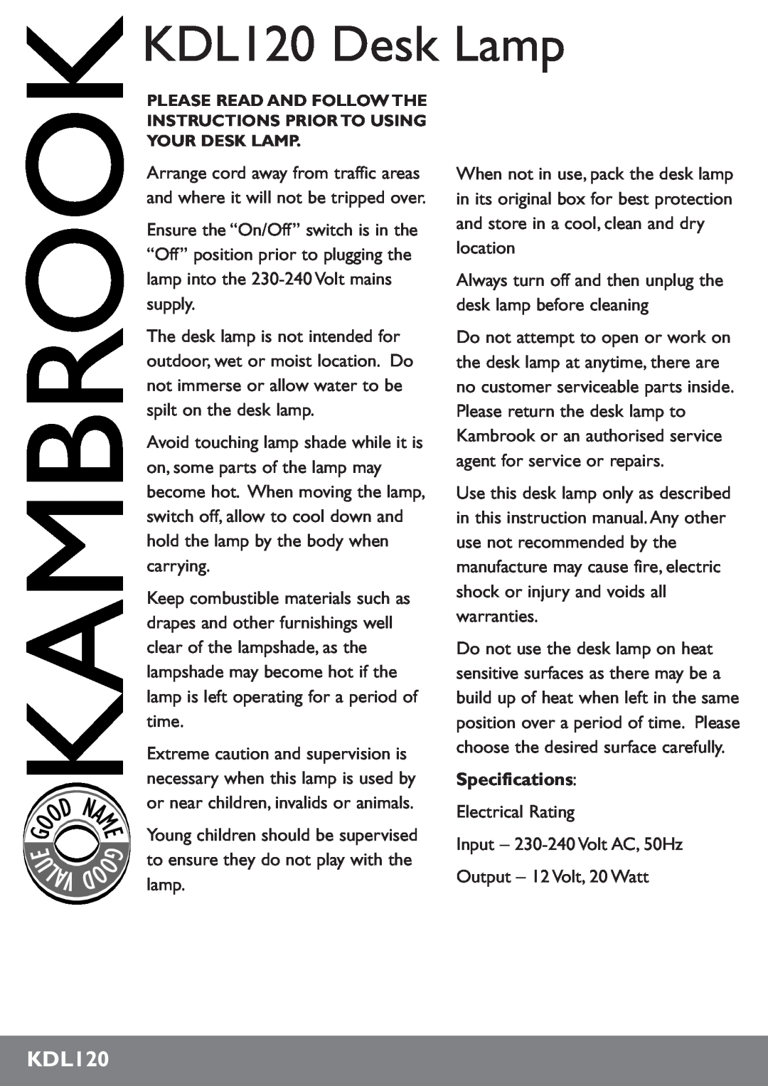 Kambrook KDL120B instruction manual U Lav, Specifications, KDL120 Desk Lamp 