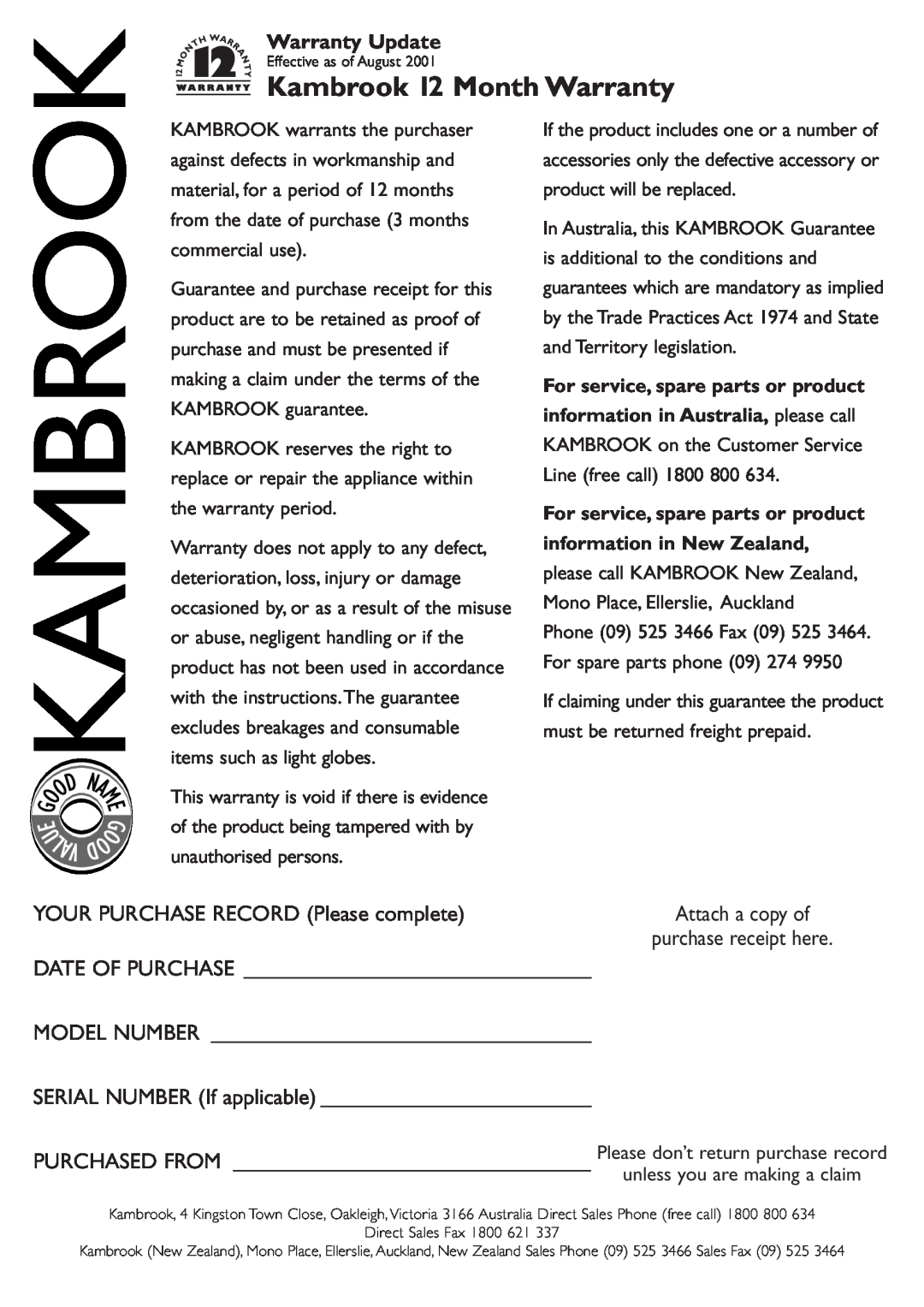Kambrook KDL120B instruction manual Warranty Update, Kambrook 12 Month Warranty 