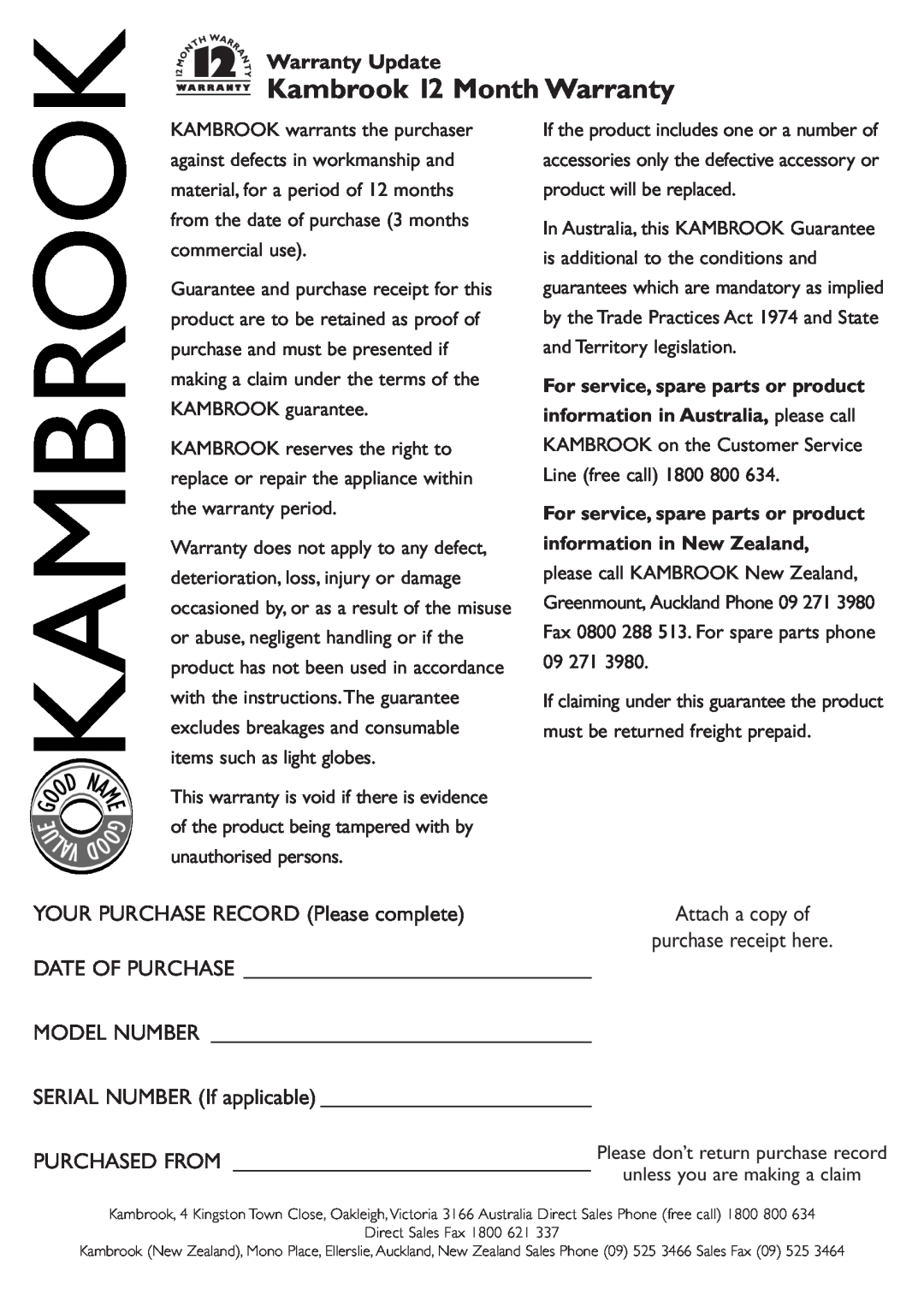 Kambrook KDL40, KDL30, KCL10 instruction manual Kambrook 12 Month Warranty, Warranty Update 