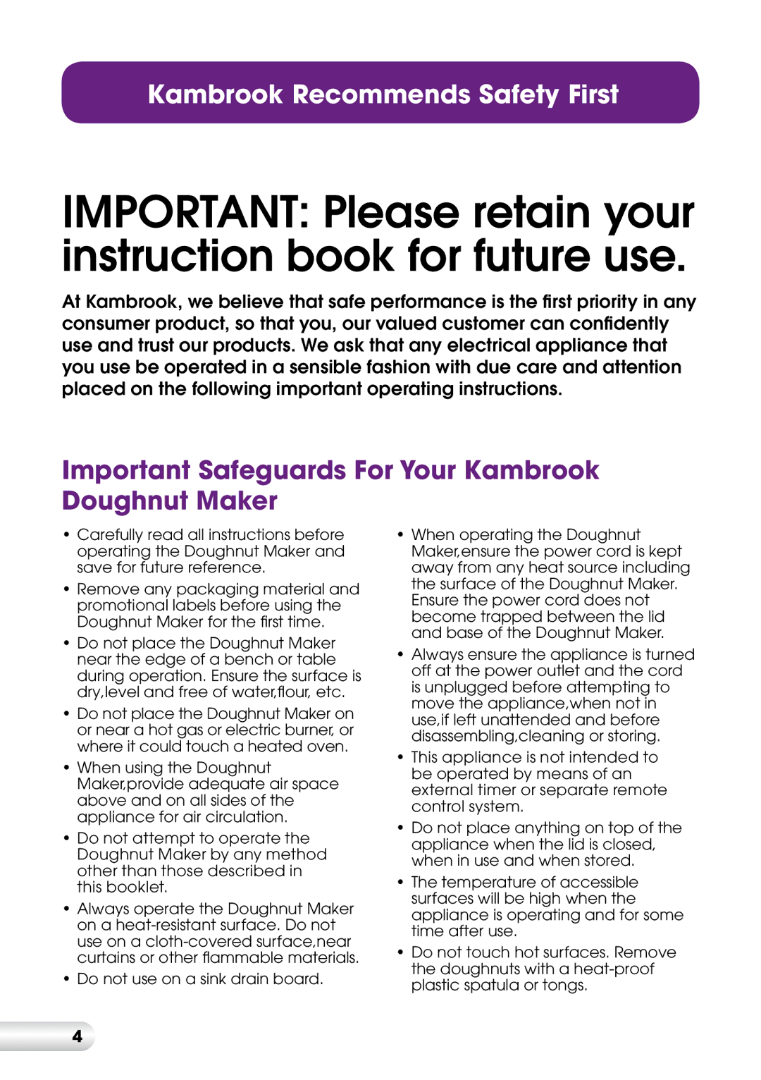 Kambrook KDM1 manual Important Safeguards For Your Kambrook Doughnut Maker 