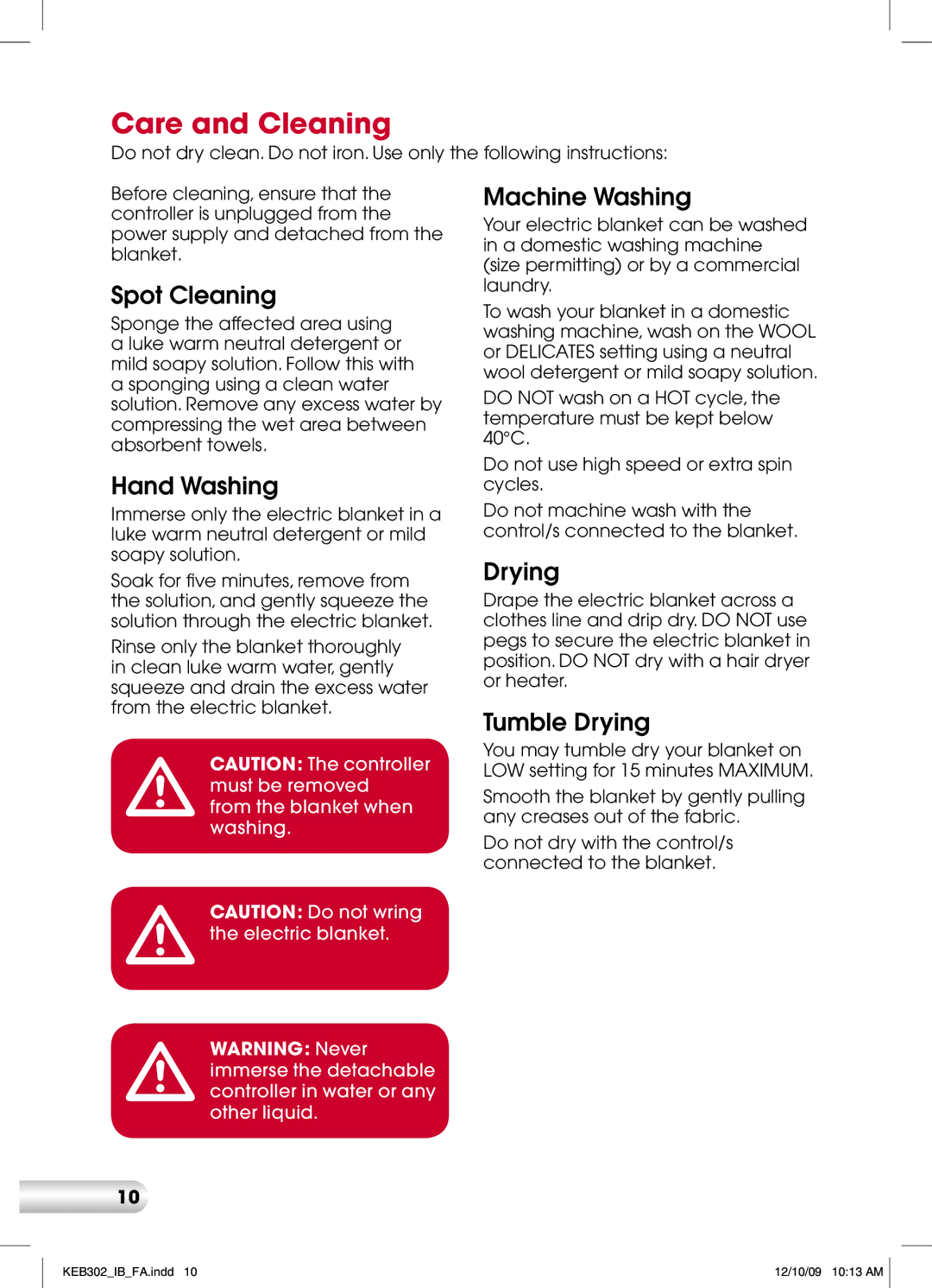 Kambrook KEB332, KEB312, KEB302, KEB322 manual Care and Cleaning 