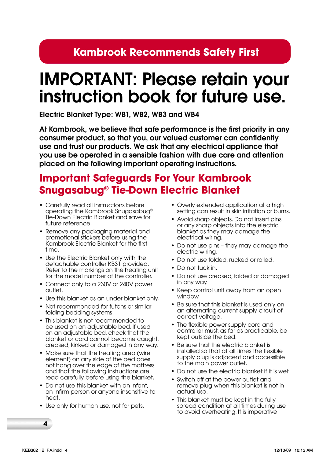 Kambrook KEB312, KEB302, KEB332, KEB322 manual Important Please retain your instruction book for future use 