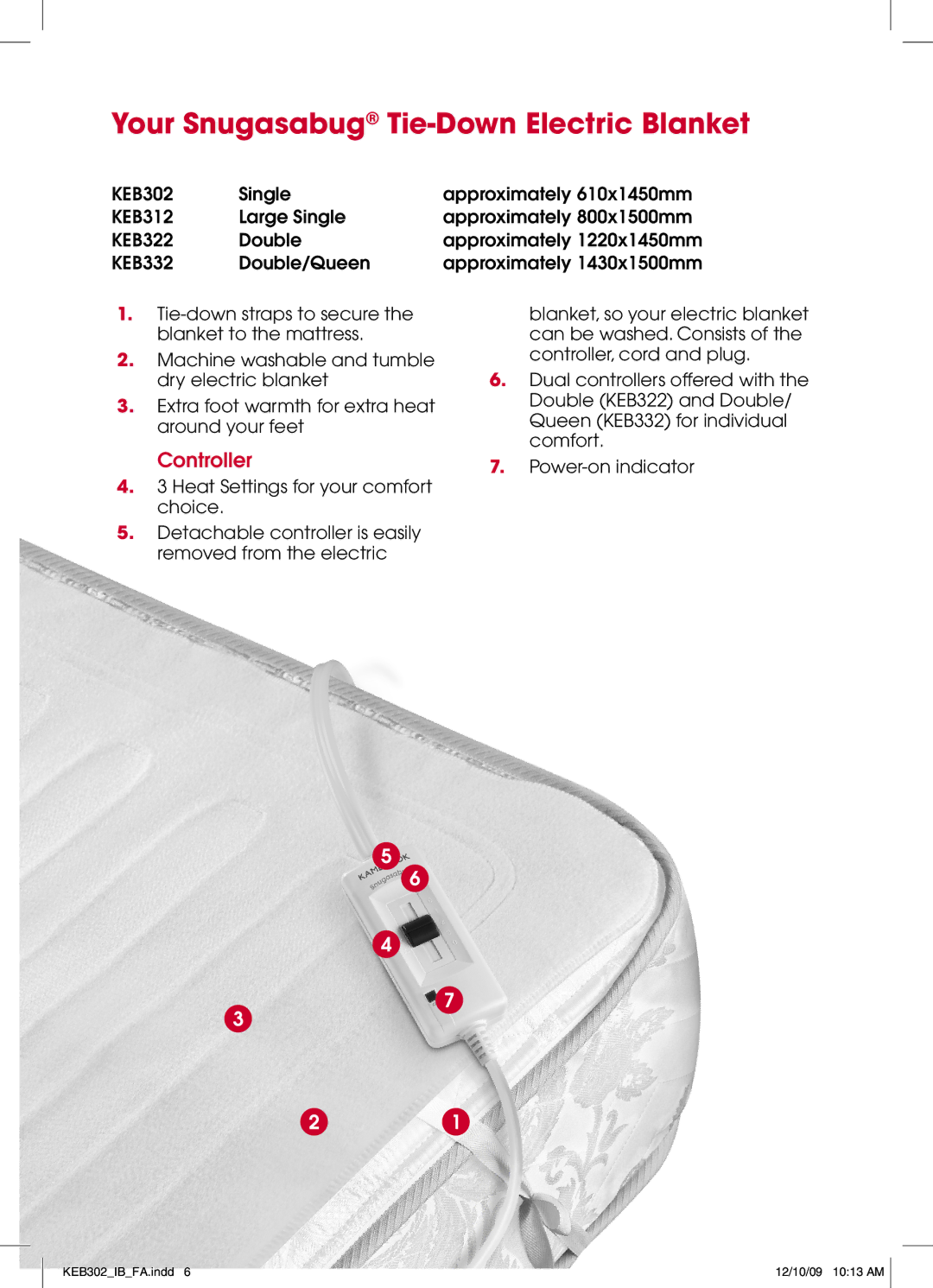 Kambrook KEB332, KEB312, KEB302, KEB322 manual Your Snugasabug Tie-Down Electric Blanket, Controller 