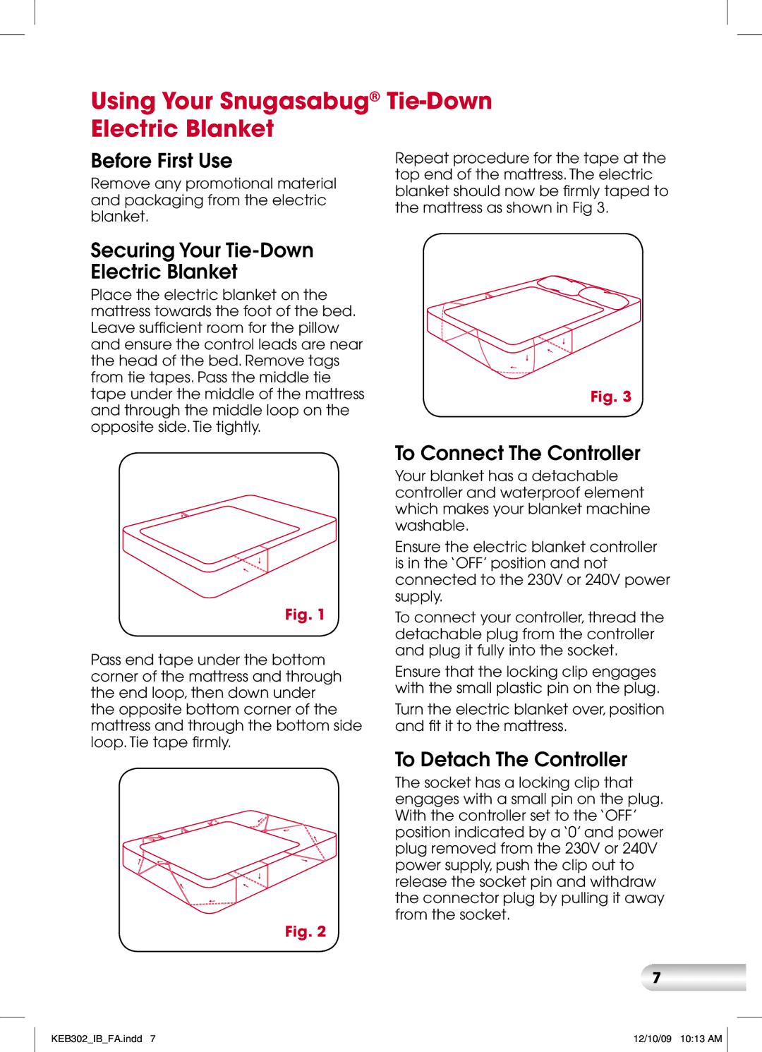 Kambrook KEB322 Using Your Snugasabug Tie-Down Electric Blanket, Before First Use, Securing Your Tie-Down Electric Blanket 