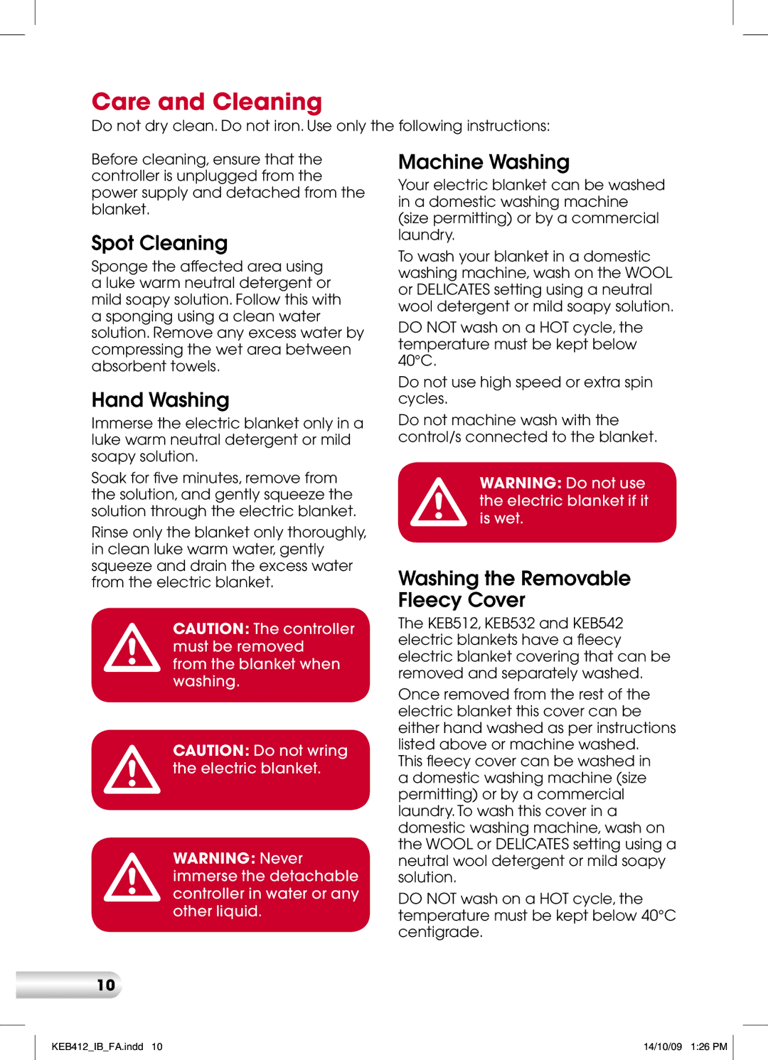 Kambrook keb442 manual Care and Cleaning, Spot Cleaning, Hand Washing, Machine Washing, Washing the Removable Fleecy Cover 