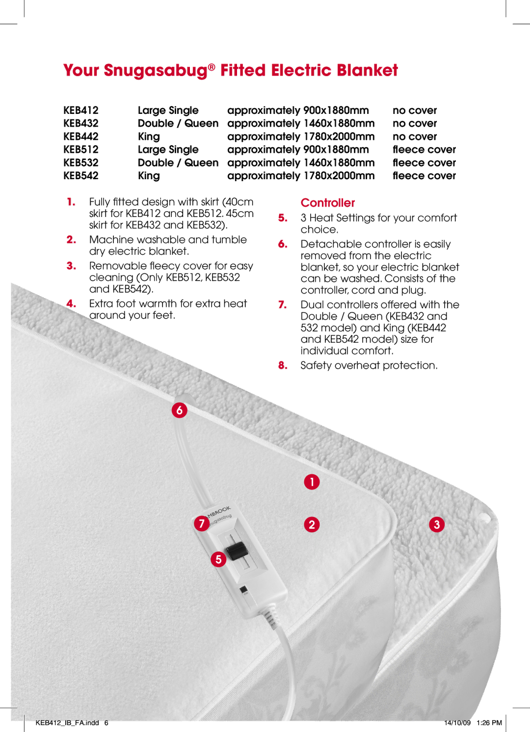 Kambrook KEB412, keb542, keb532, keb512, keb442, keb432 manual Your Snugasabug Fitted Electric Blanket, Controller 