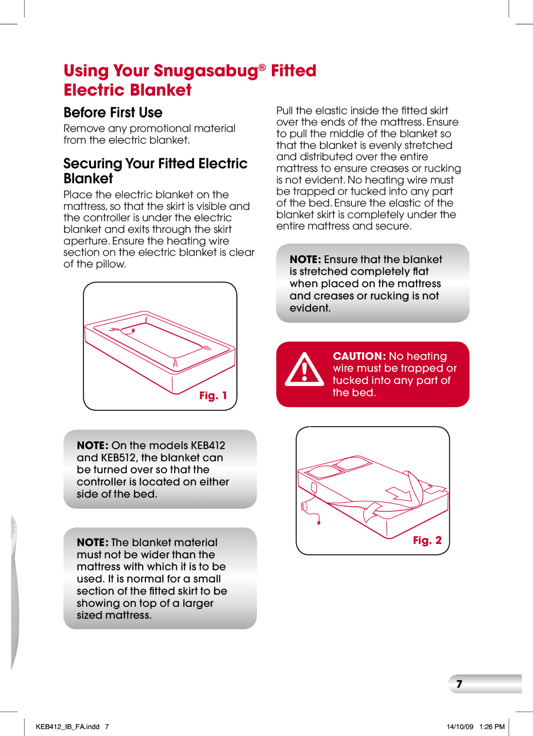 Kambrook keb542 Using Your Snugasabug Fitted Electric Blanket, Before First Use, Securing Your Fitted Electric Blanket 