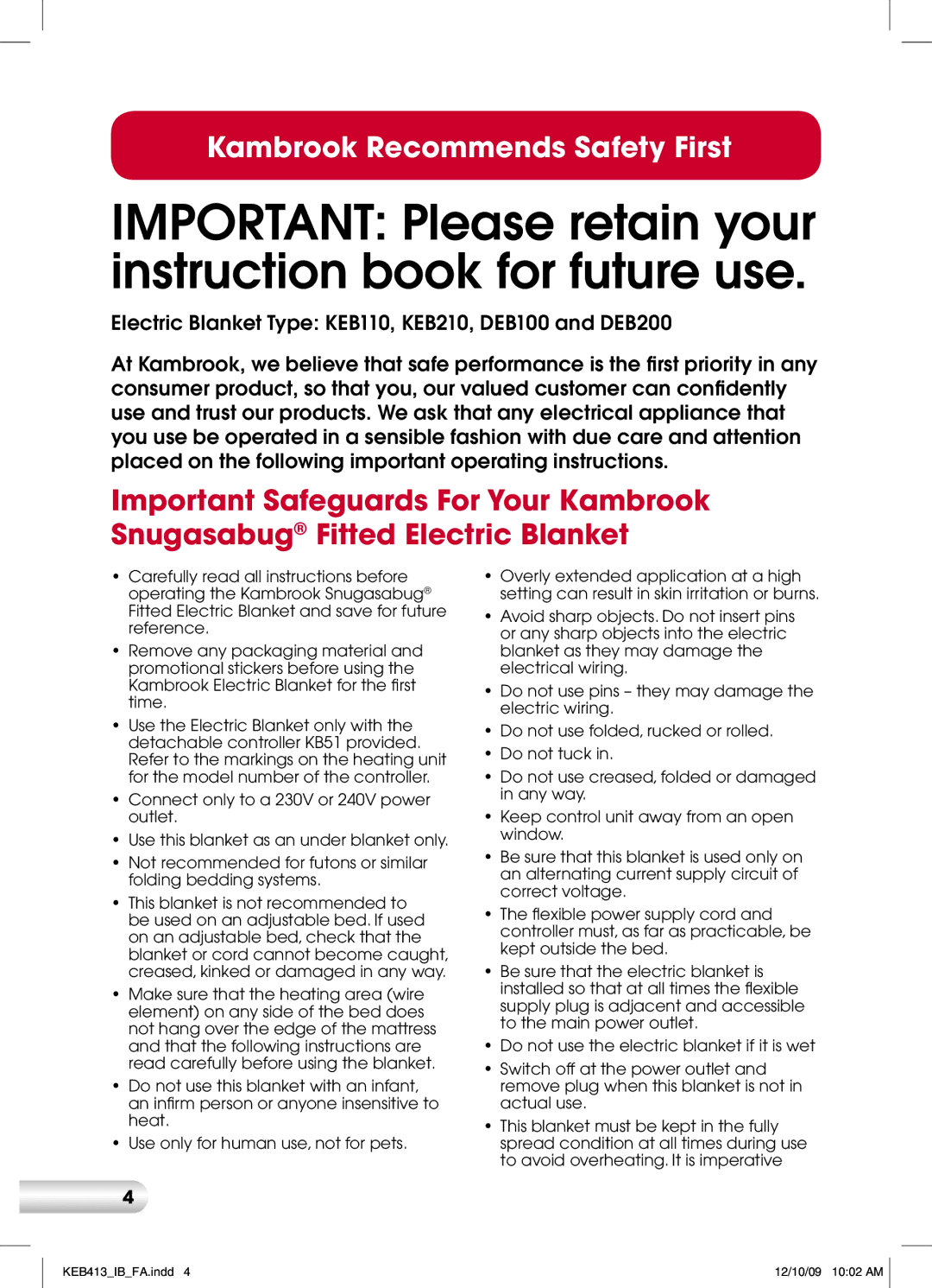 Kambrook KEB533, KEB413, KEB433, KEB513 manual Important Please retain your instruction book for future use 