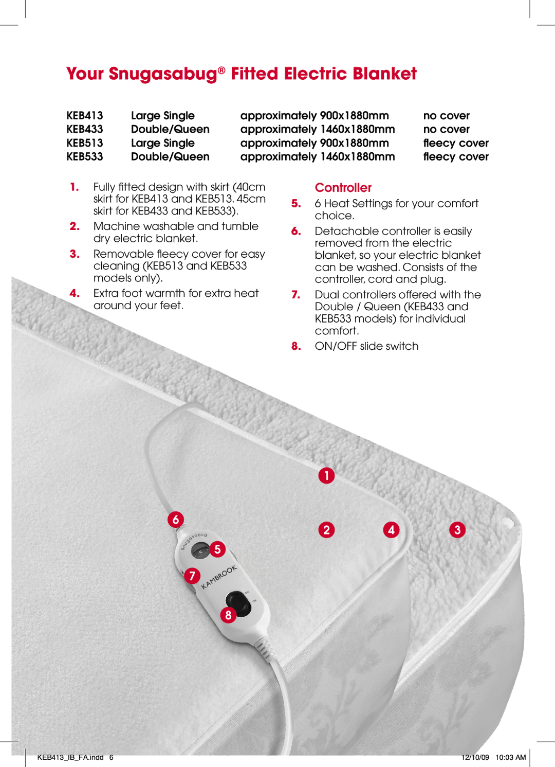 Kambrook KEB433, KEB533, KEB413, KEB513 manual Your Snugasabug Fitted Electric Blanket, Controller 