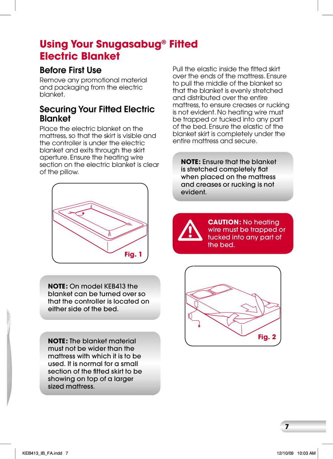 Kambrook KEB513 Using Your Snugasabug Fitted Electric Blanket, Before First Use, Securing Your Fitted Electric Blanket 