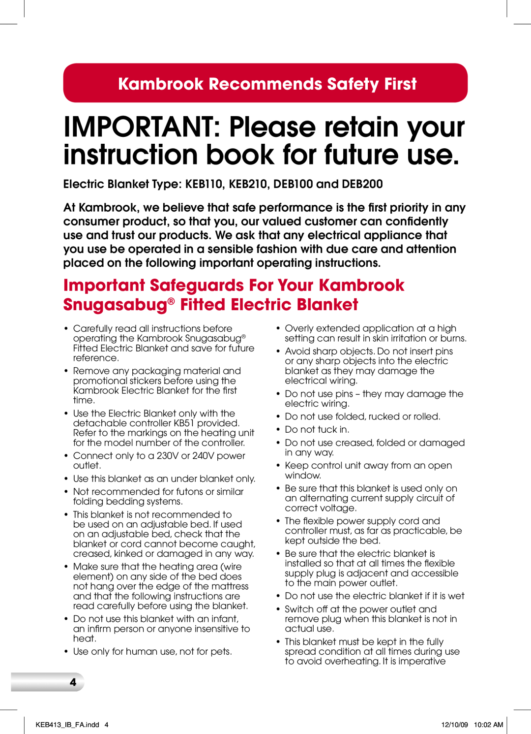 Kambrook KEB533, KEB413 IMPORTANT Please retain your instruction book for future use, Kambrook Recommends Safety First 
