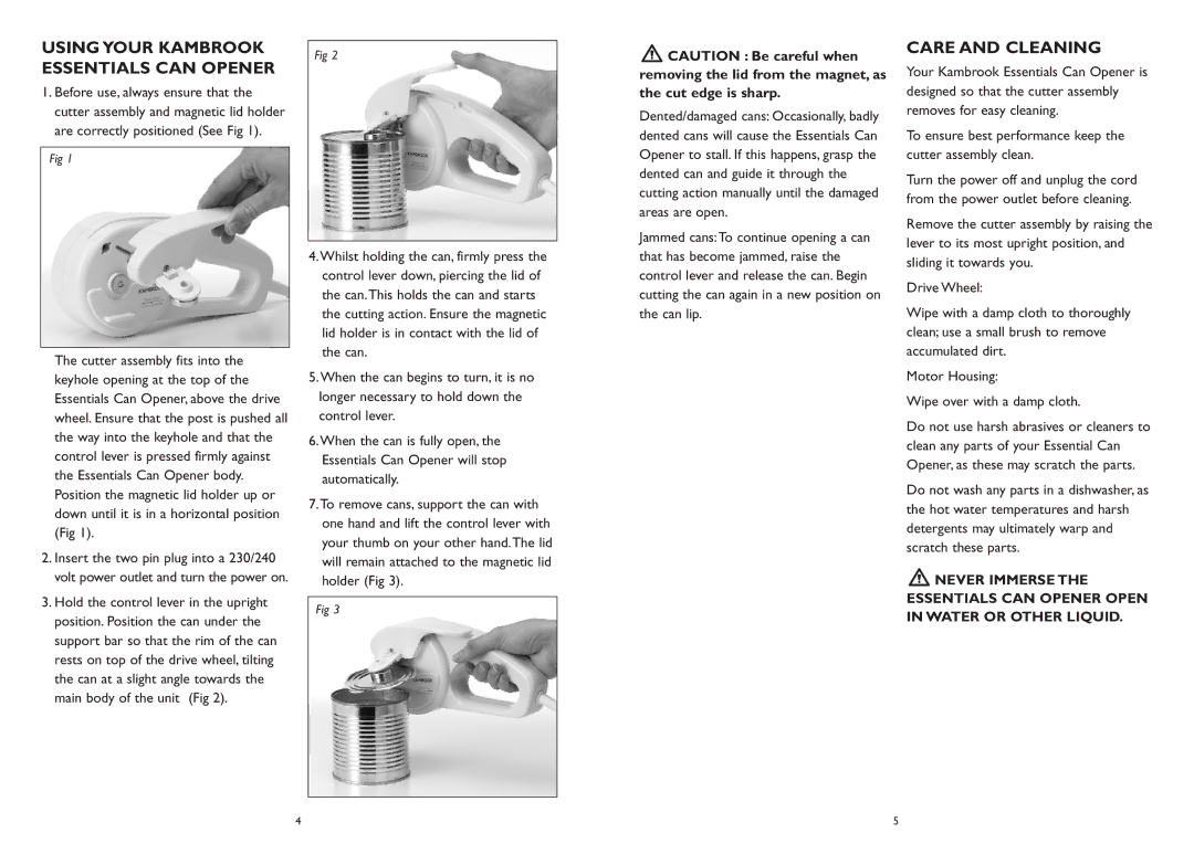 Kambrook KEC10 manual Using Your Kambrook Essentials can Opener, Care and Cleaning 