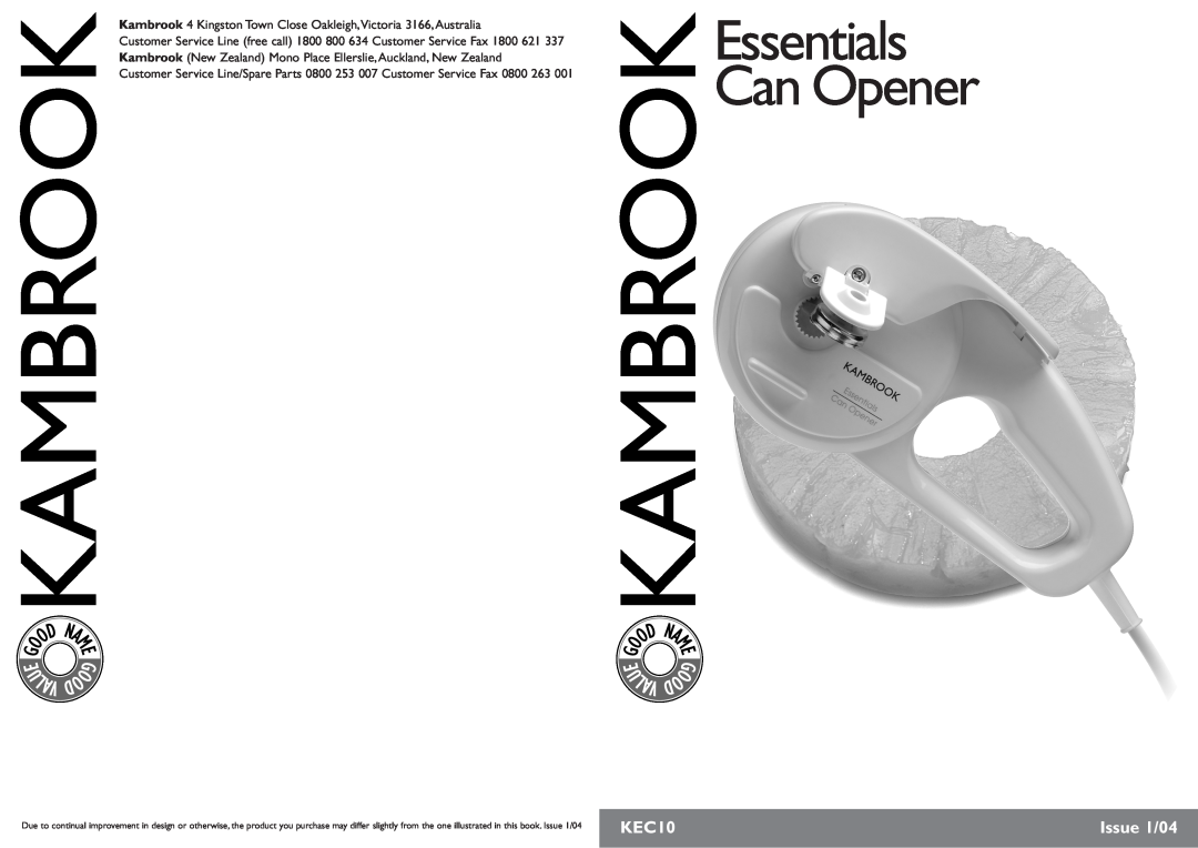 Kambrook KEC10 manual Essentials Can Opener, Issue 1/04, U Lav 
