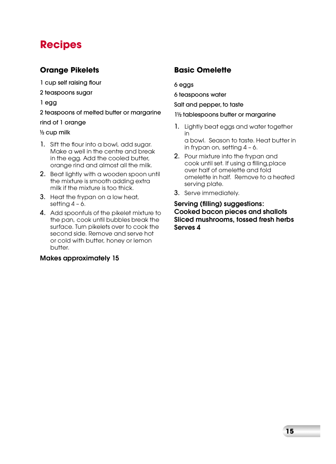 Kambrook KEF120 manual Recipes, Orange Pikelets, Basic Omelette 
