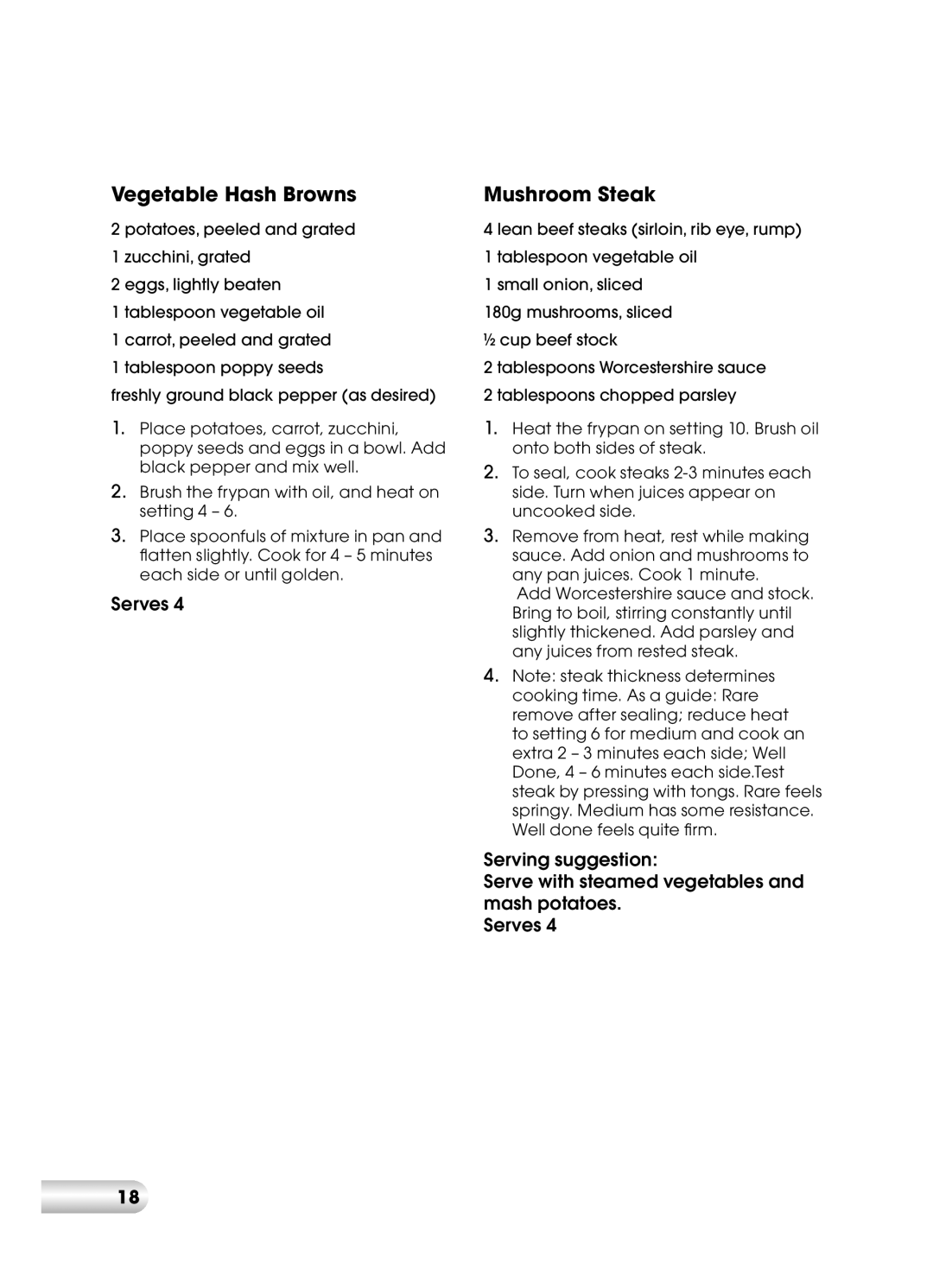 Kambrook KEF120 manual Vegetable Hash Browns, Mushroom Steak 