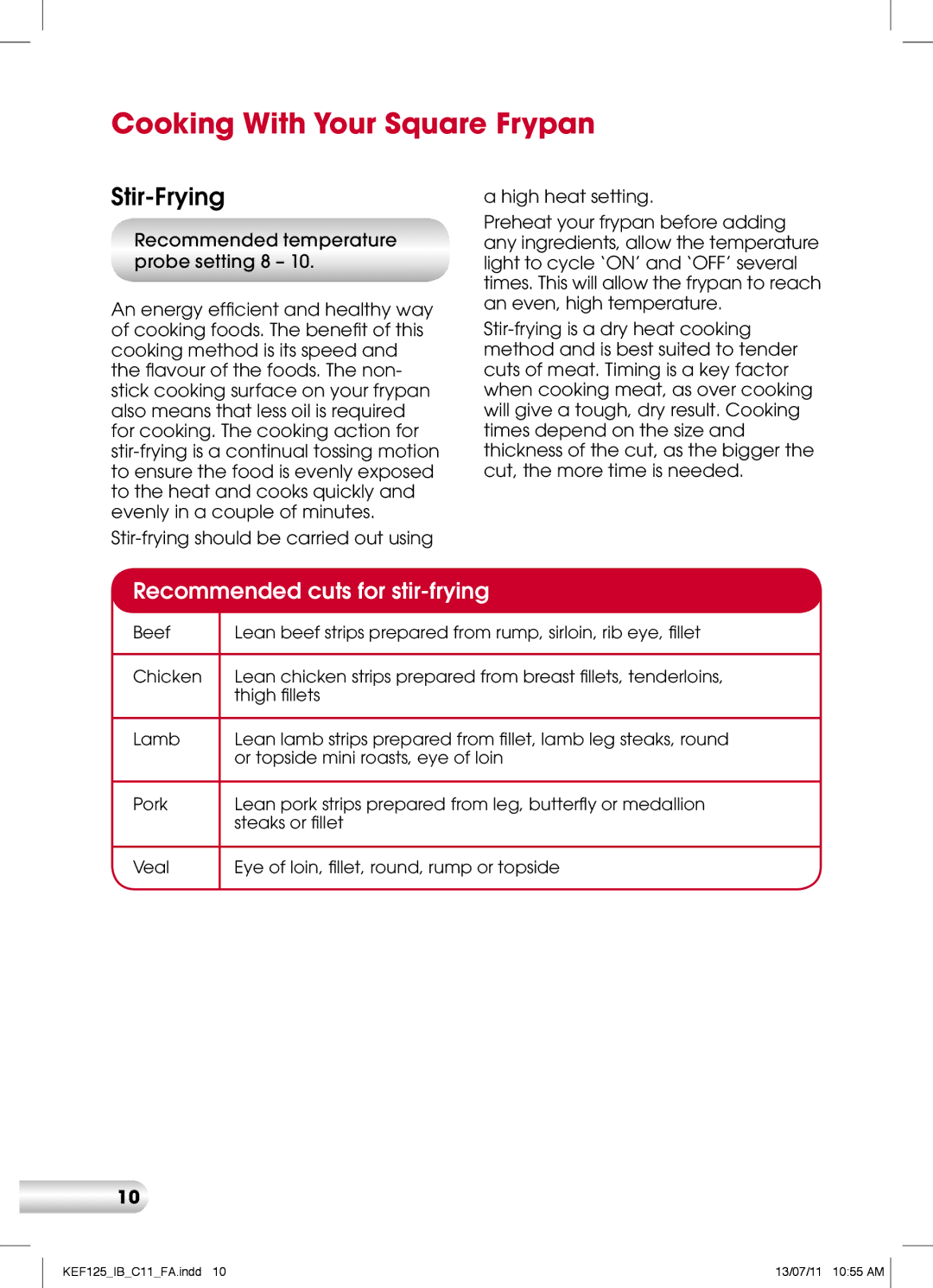 Kambrook KEF125 manual Cooking With Your Square Frypan, Stir-Frying, Recommended cuts for stir-frying 