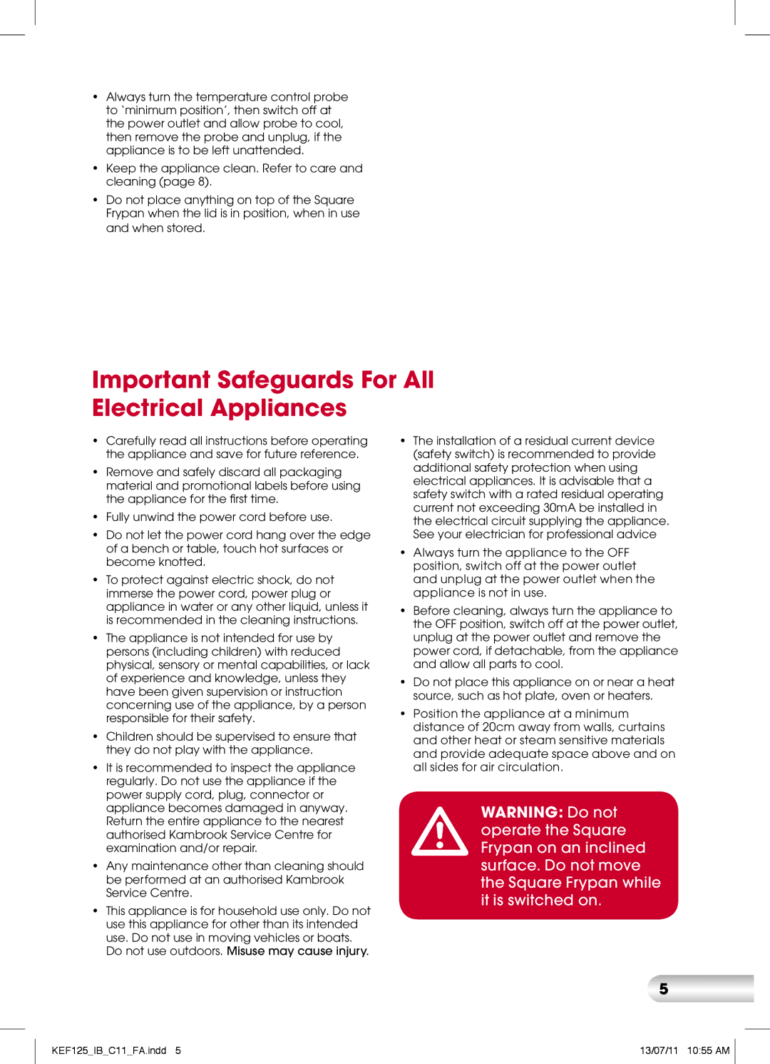 Kambrook KEF125 manual Important Safeguards For All Electrical Appliances 