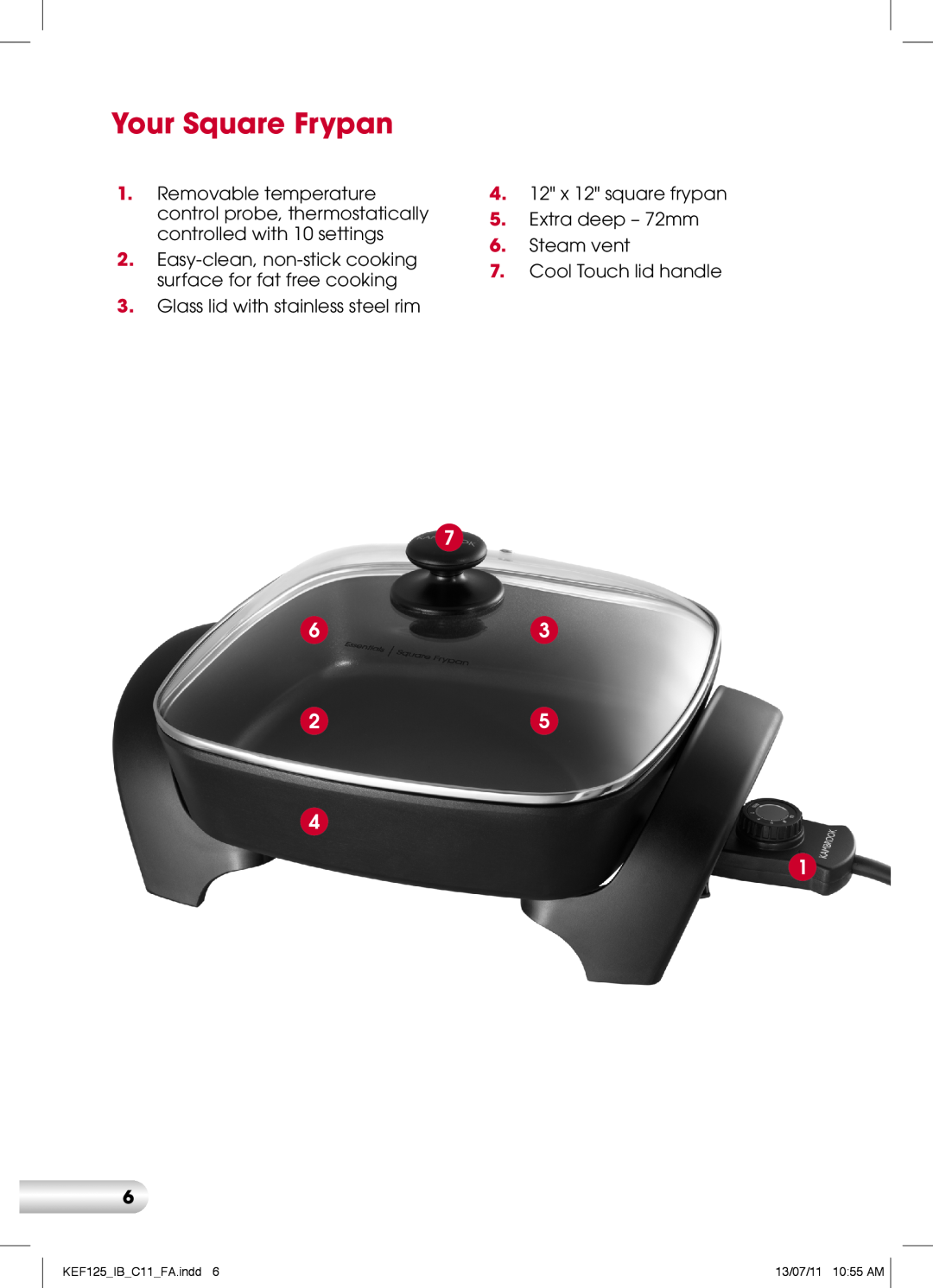 Kambrook KEF125 Your Square Frypan, Easy-clean, non-stick cooking surface for fat free cooking, Cool Touch lid handle 